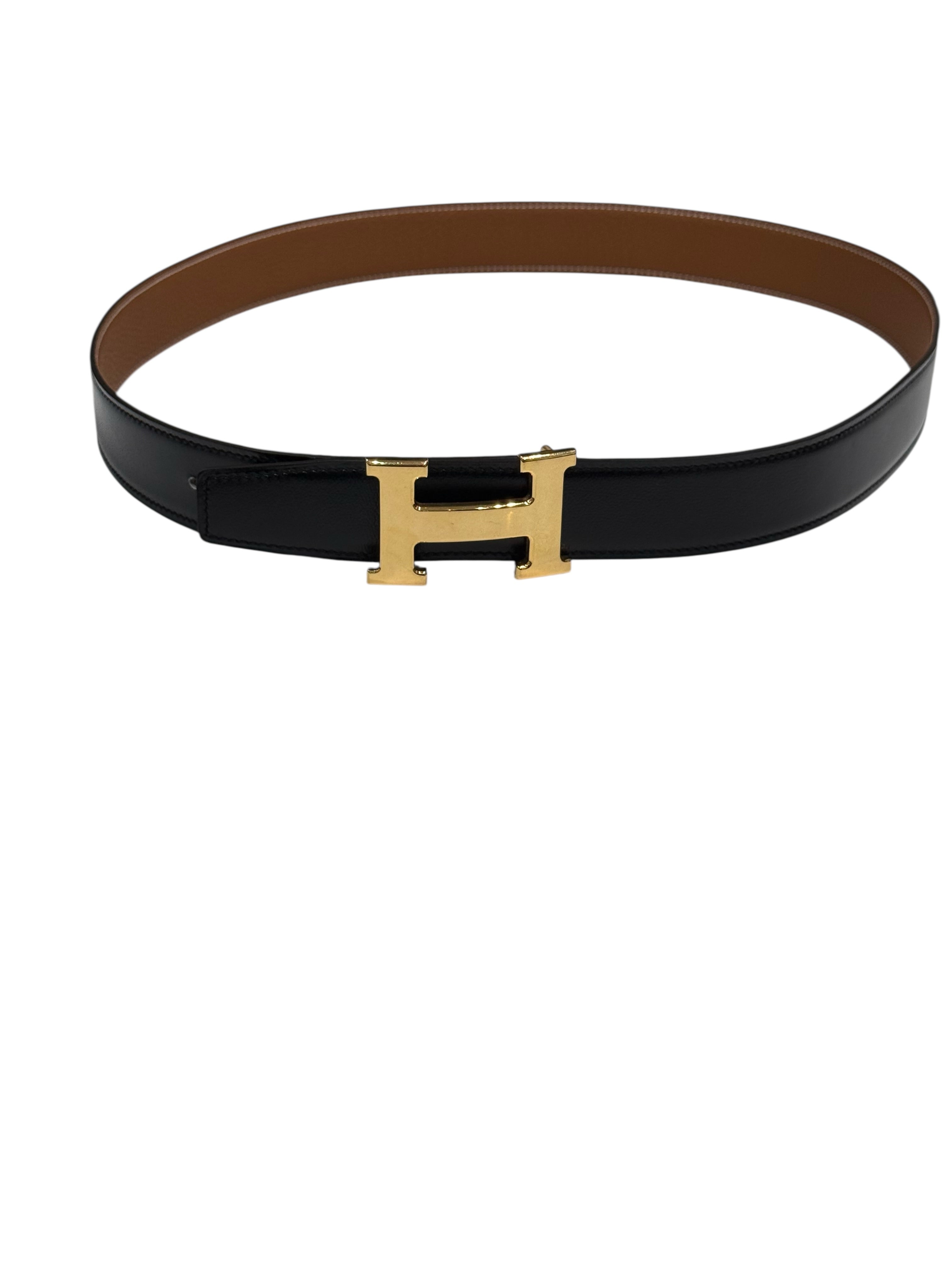 Hermès - Ceinture H finition or cuir réversible noir et gold