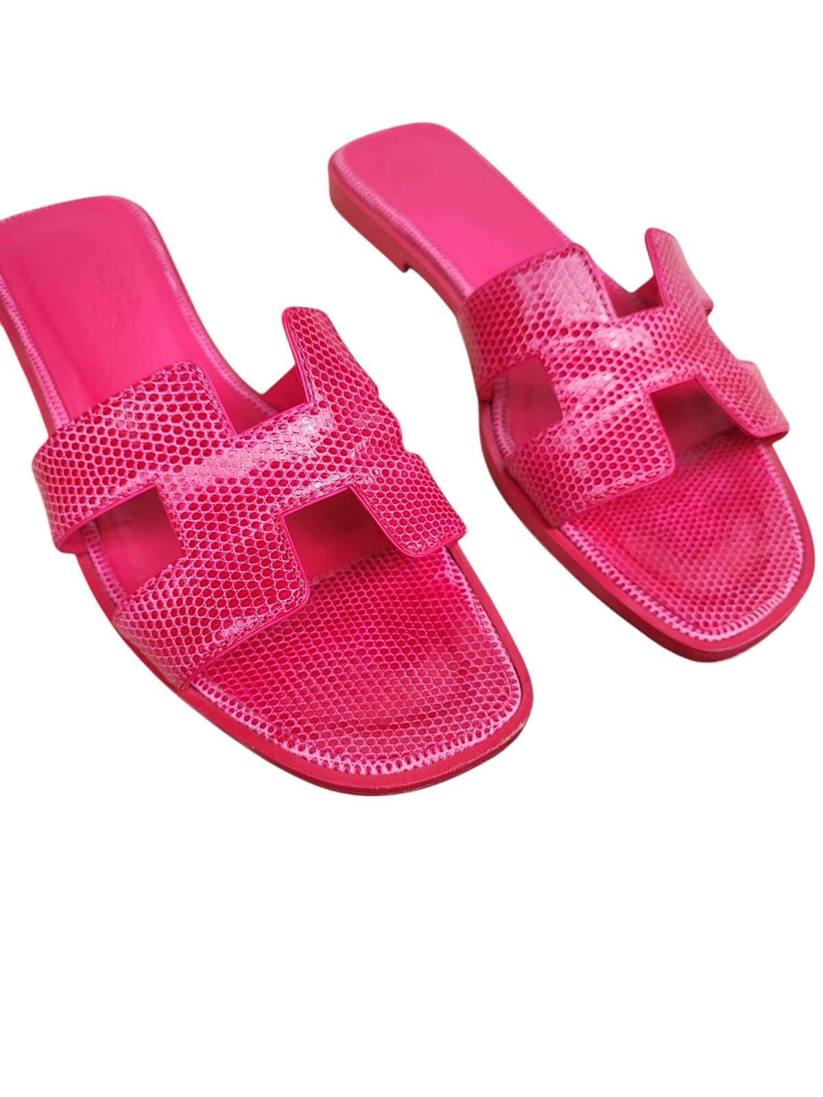 Hermès - Sandales Oran lézard iguane fuchsia T37 1/2