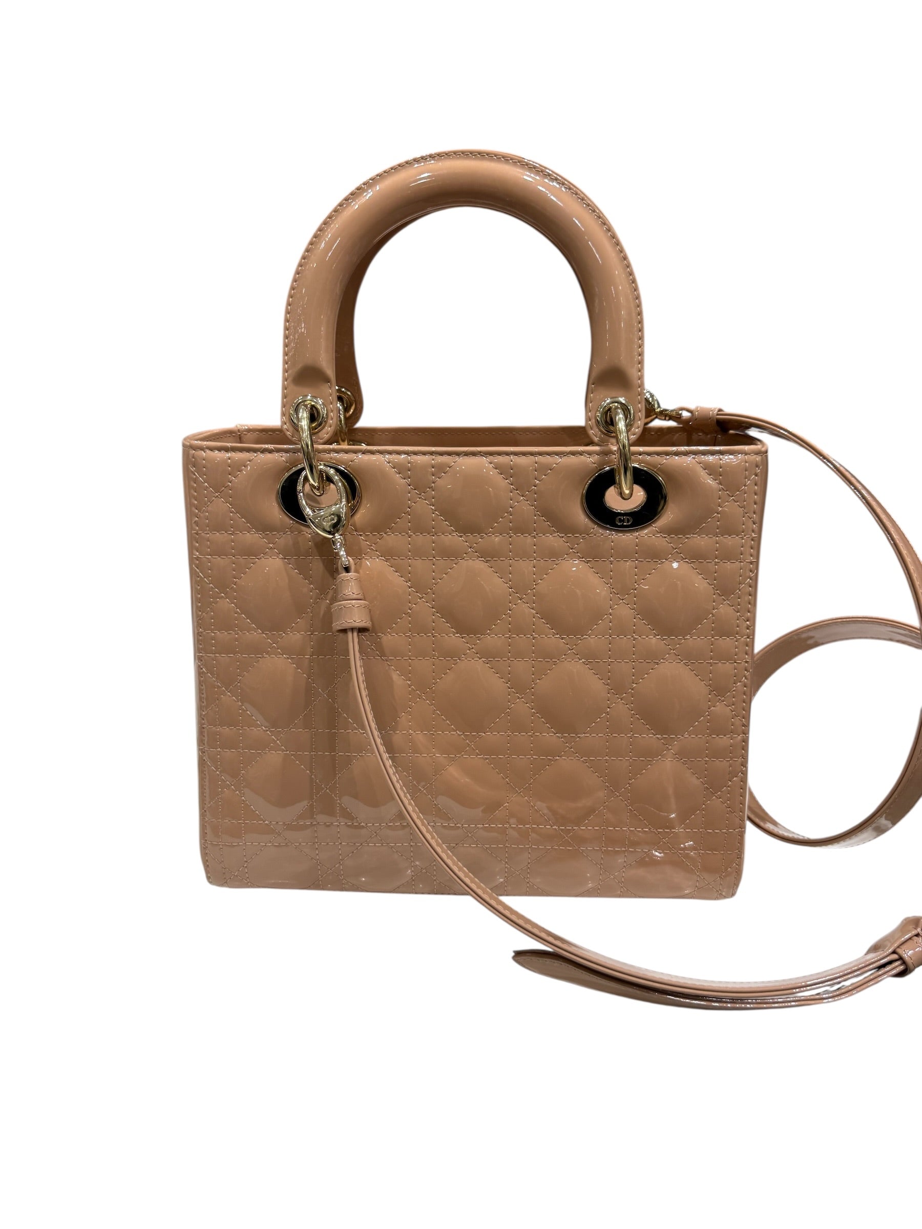 Dior - Sac lady cuir vernis Camel MM