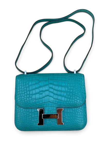 Hermès - Sac Constance 18 Alligator Mat Bleu Paon