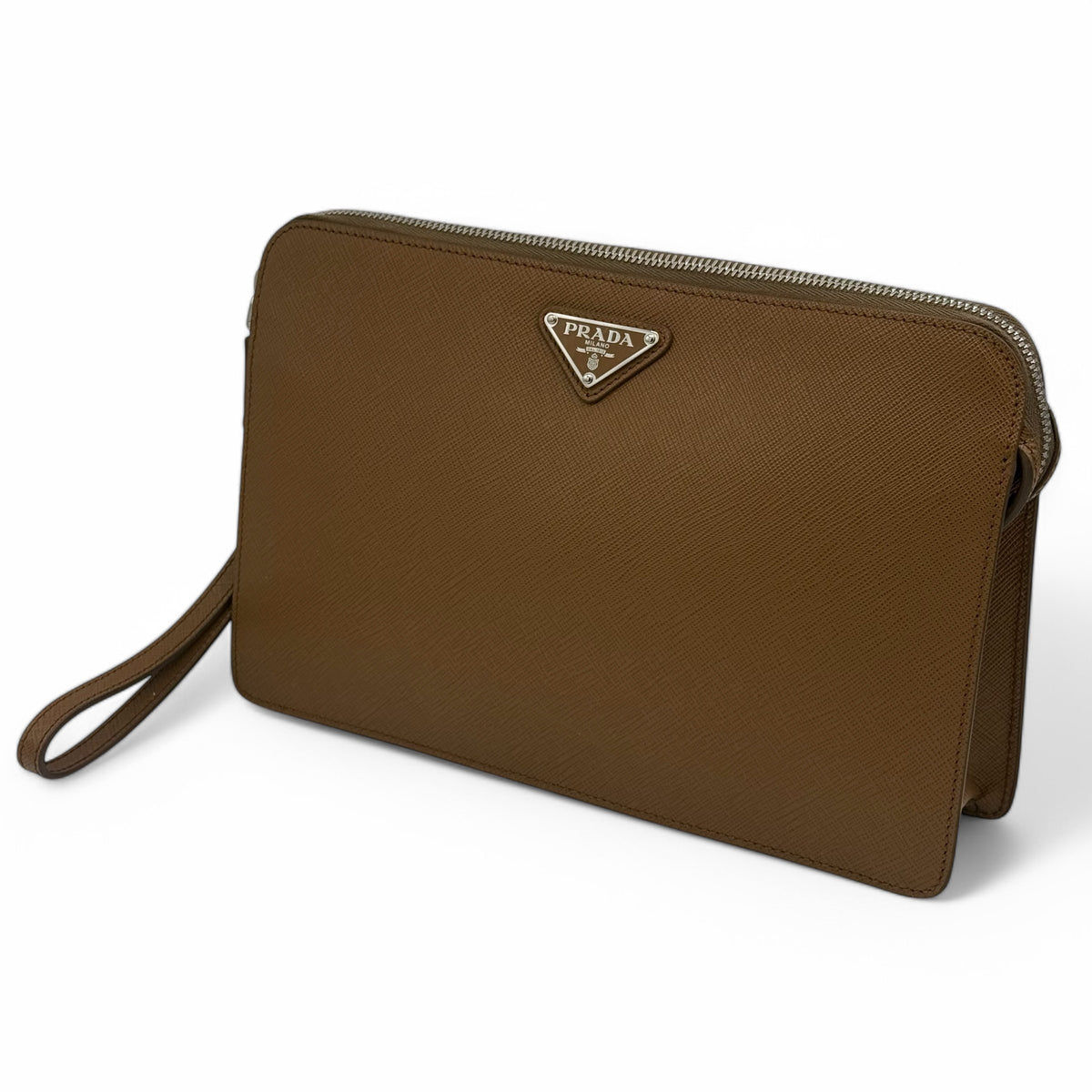 Prada - Pochette in pelle Saffiano caramello