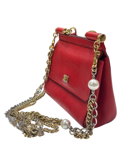 Dolce gabbana - sac sicily cuir façon lézard rouge chaîne bijou