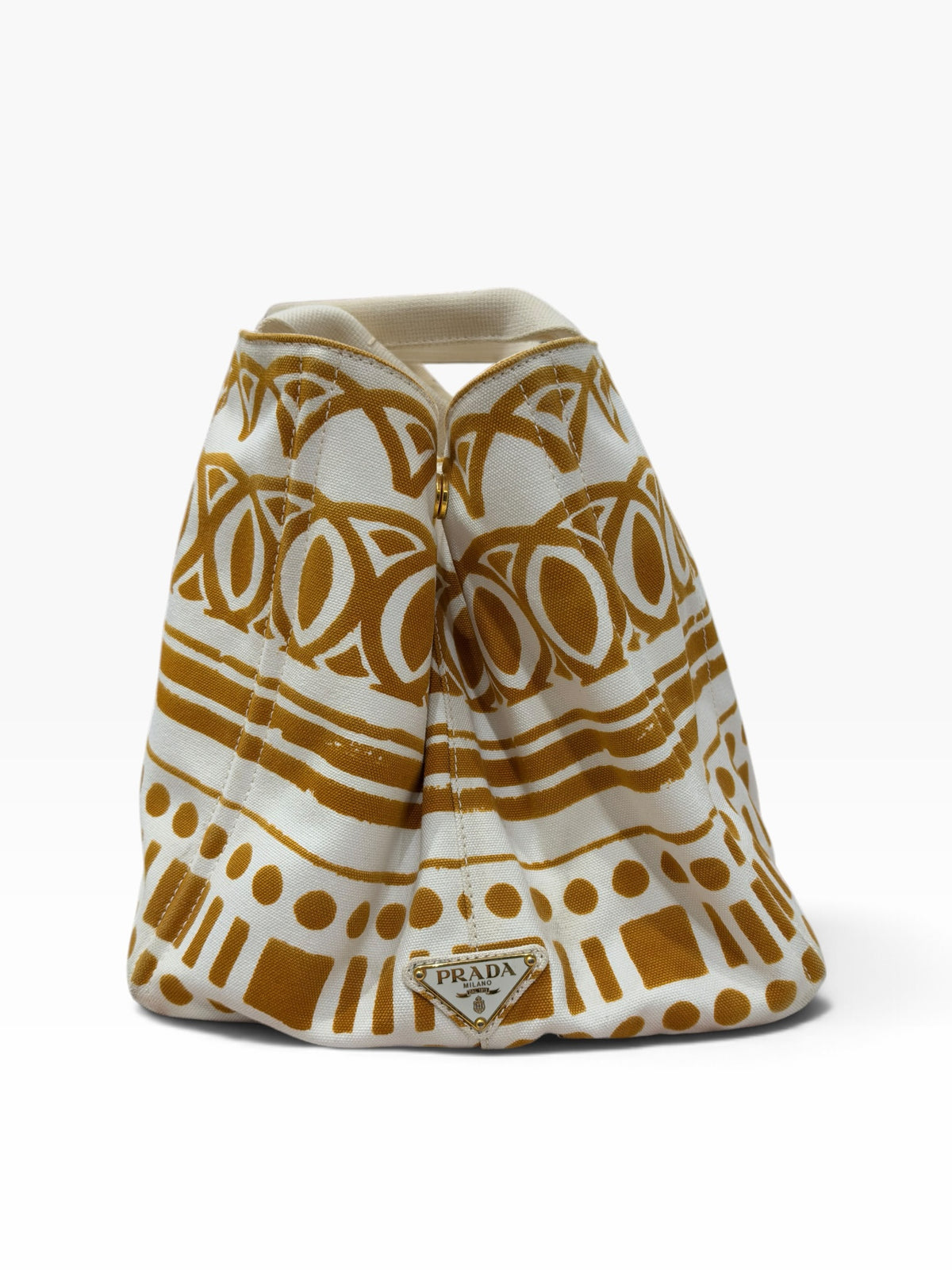 Prada - Sac cabas Canapa imprimé toile marron doré et blanc