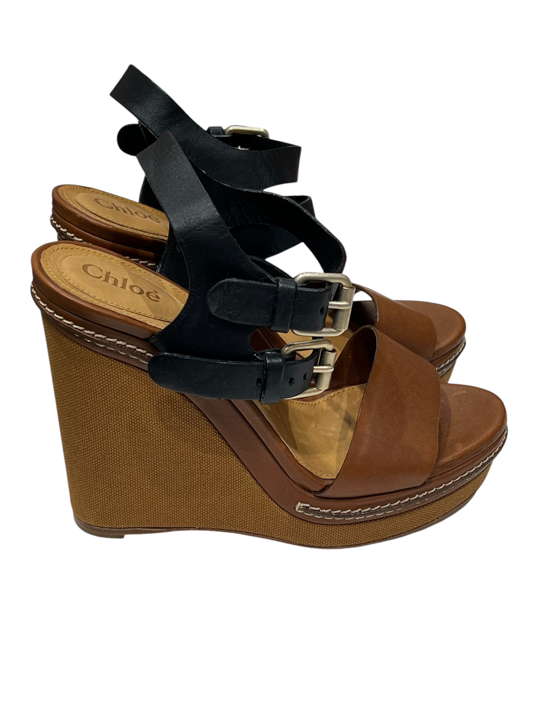 Chloé - sandales à talon compensées bois et cuir noir T36