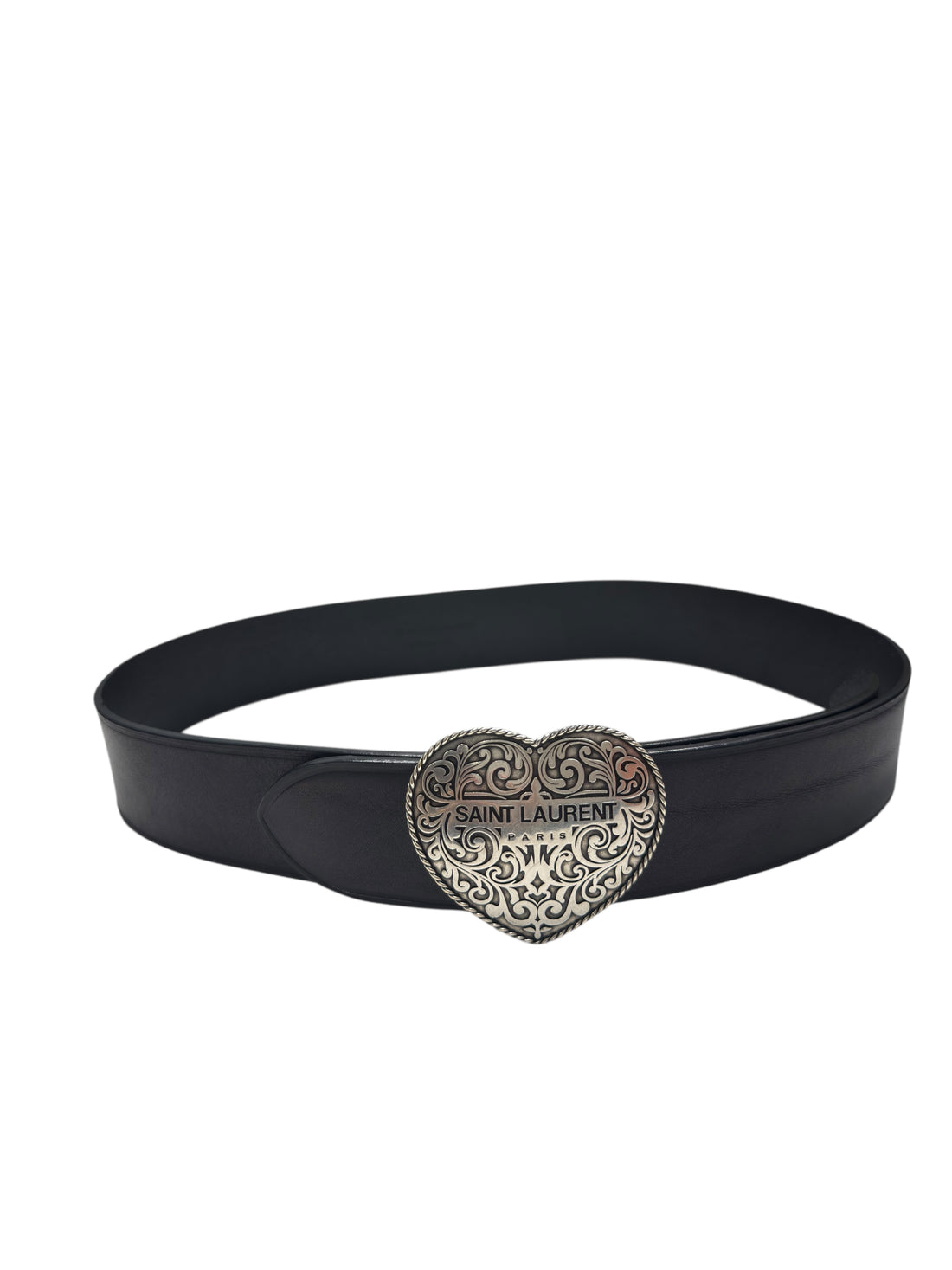 Saint Laurent - Ceinture en cuir noir et boucle cœur argenté T80
