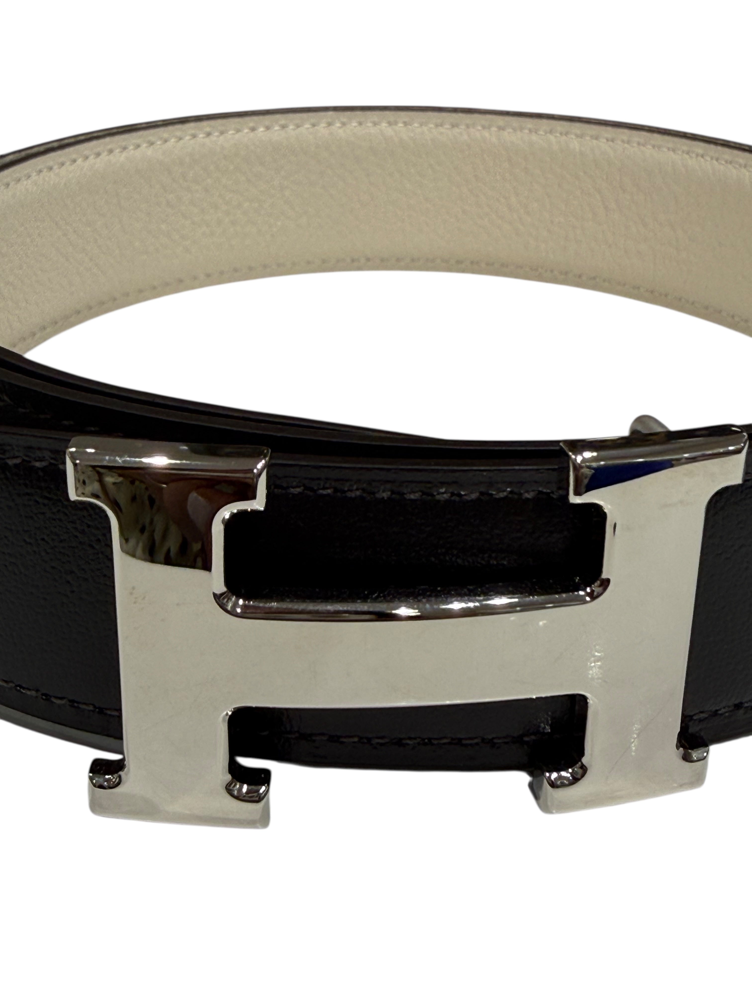 Hermès - Ceinture H finition argenté cuir réversible craie et graphite