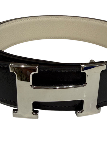 Hermès - Ceinture H finition argenté cuir réversible craie et graphite