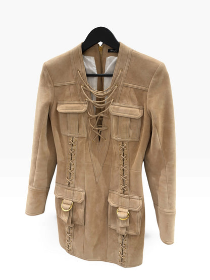 Balmain - Robe courte beige à laçage, style militaire