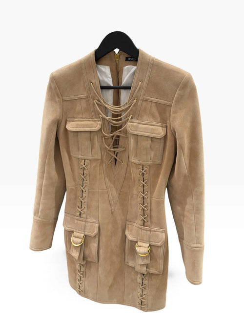 Balmain - Robe courte beige à laçage, style militaire