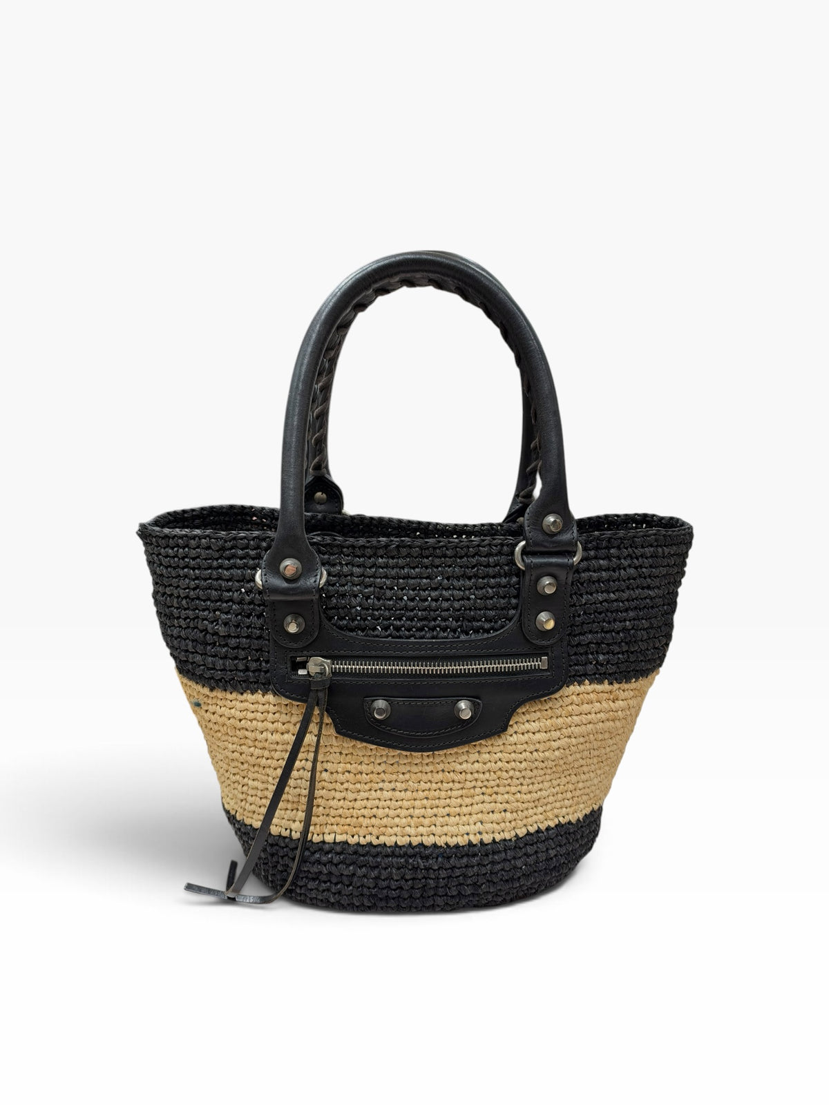 Balenciaga - Black and beige raffia basket bag