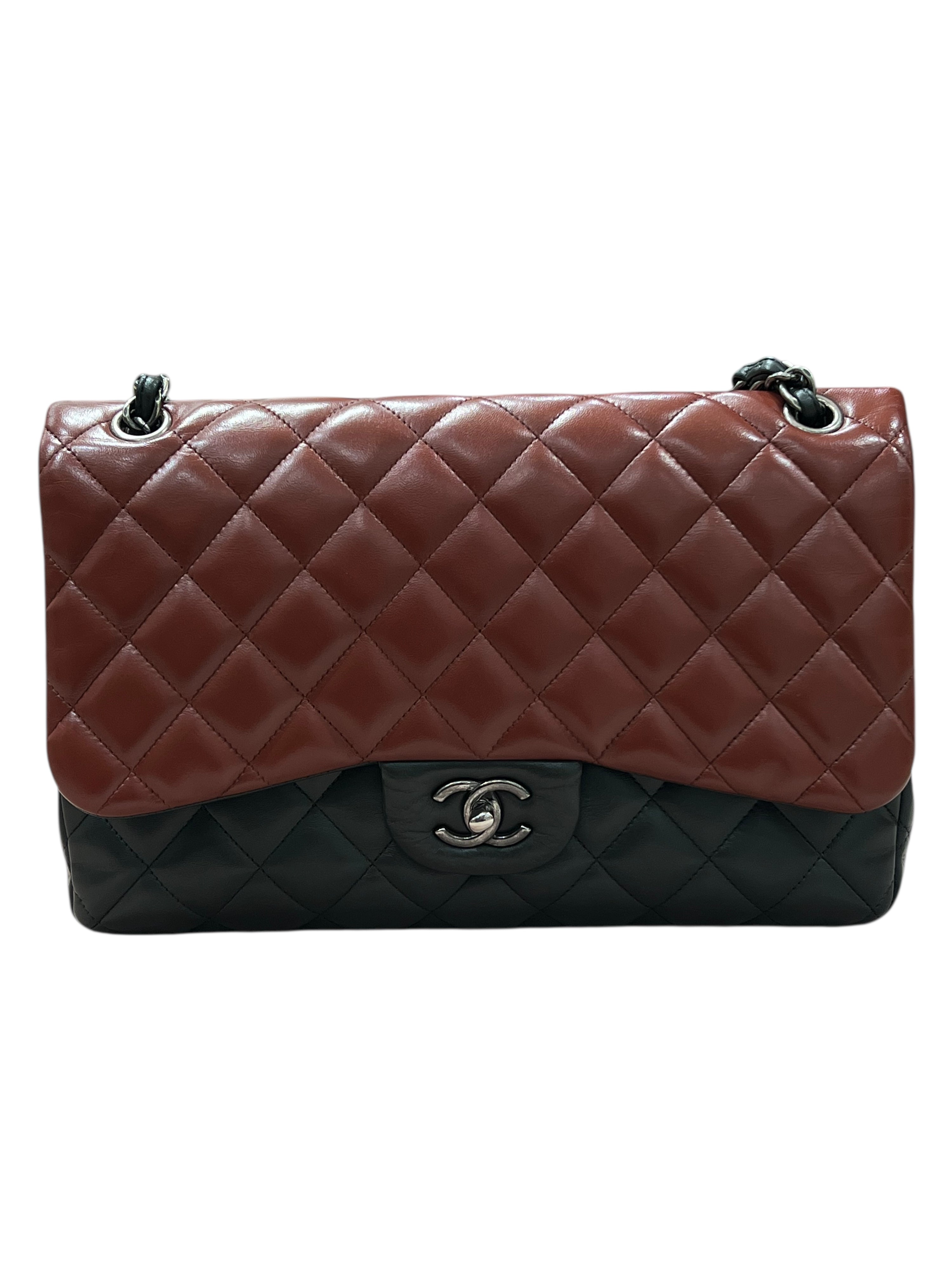 Chanel - sac classique jumbo tricolore marine, kaki, bordeaux