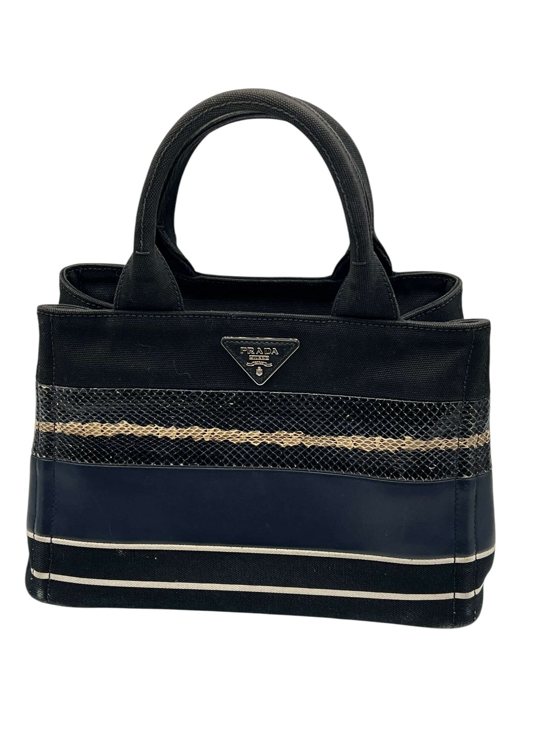 Prada - sac Canapa, toile, cuir et python marine et noir