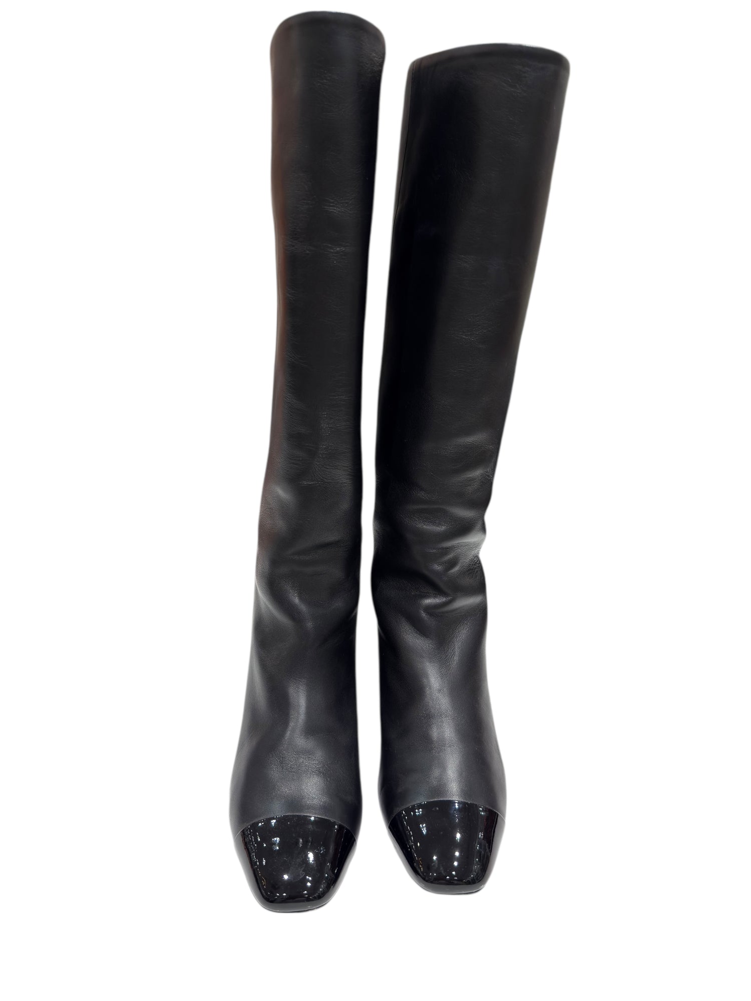 Chanel - Bottes en cuir noir et logo champagne T37