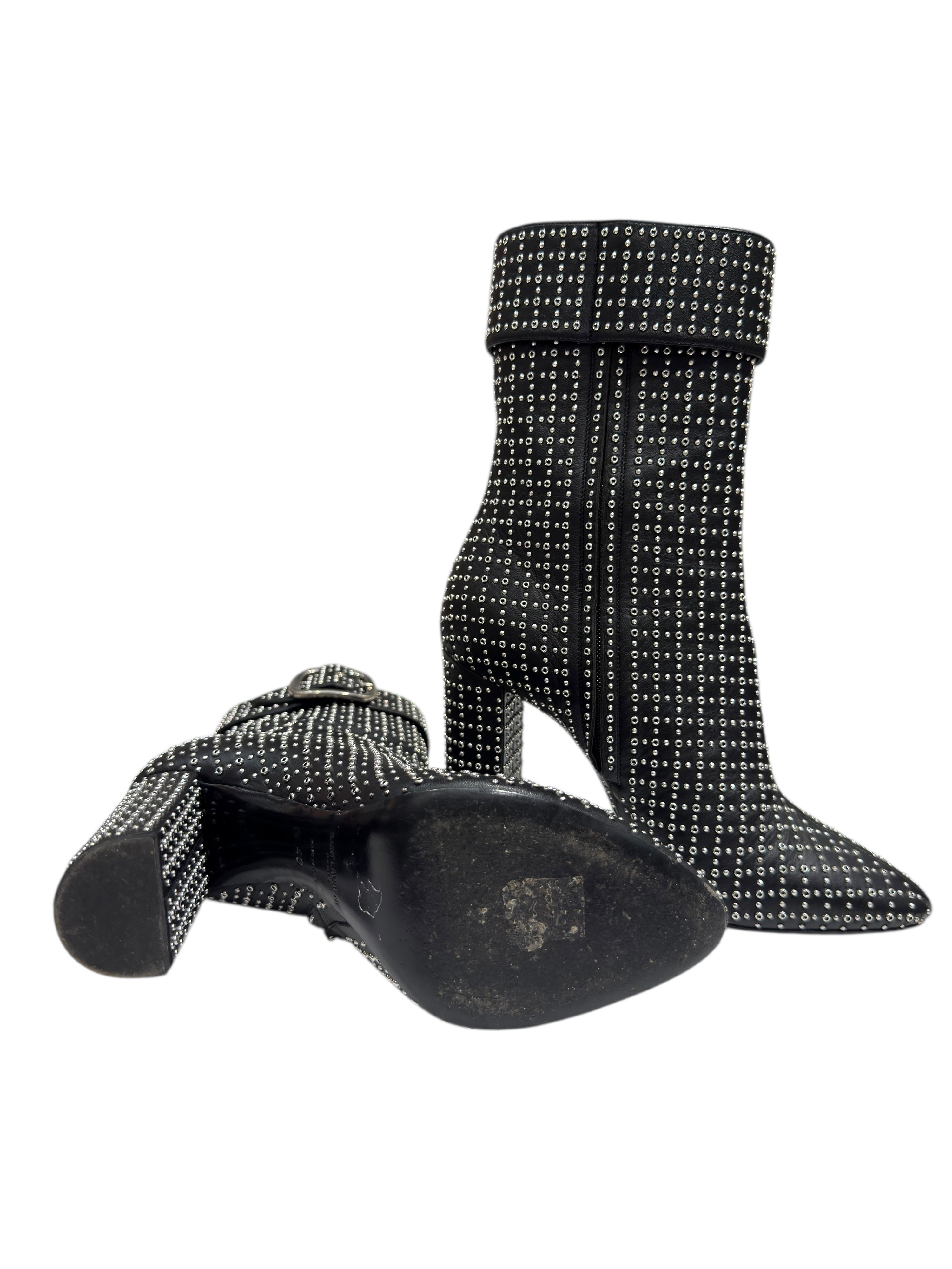Saint Laurent - Schwarze Stiefeletten mit durchlochten Nieten und silberner Schnalle Gr. 40