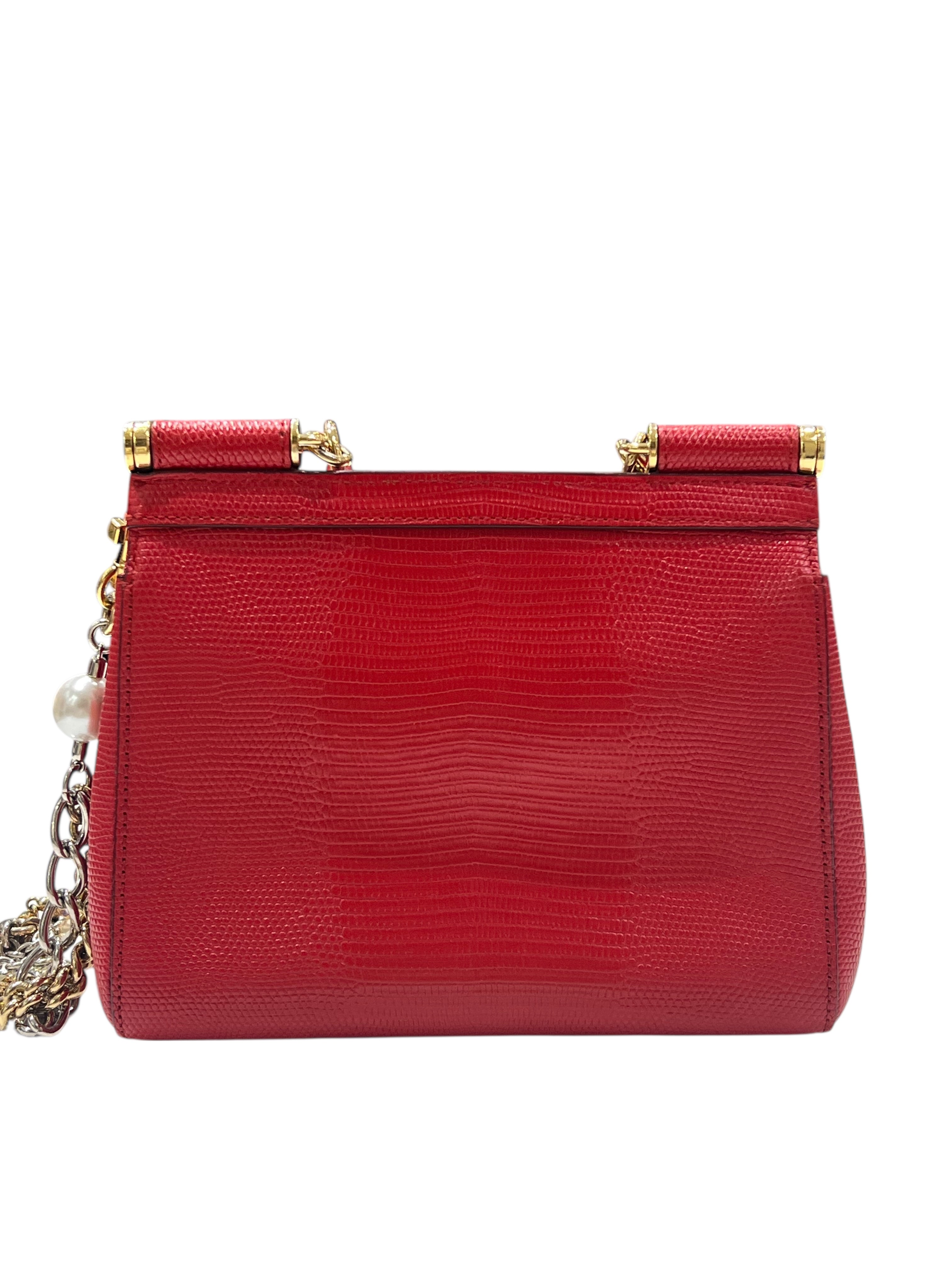 Dolce gabbana - sac sicily cuir façon lézard rouge chaîne bijou