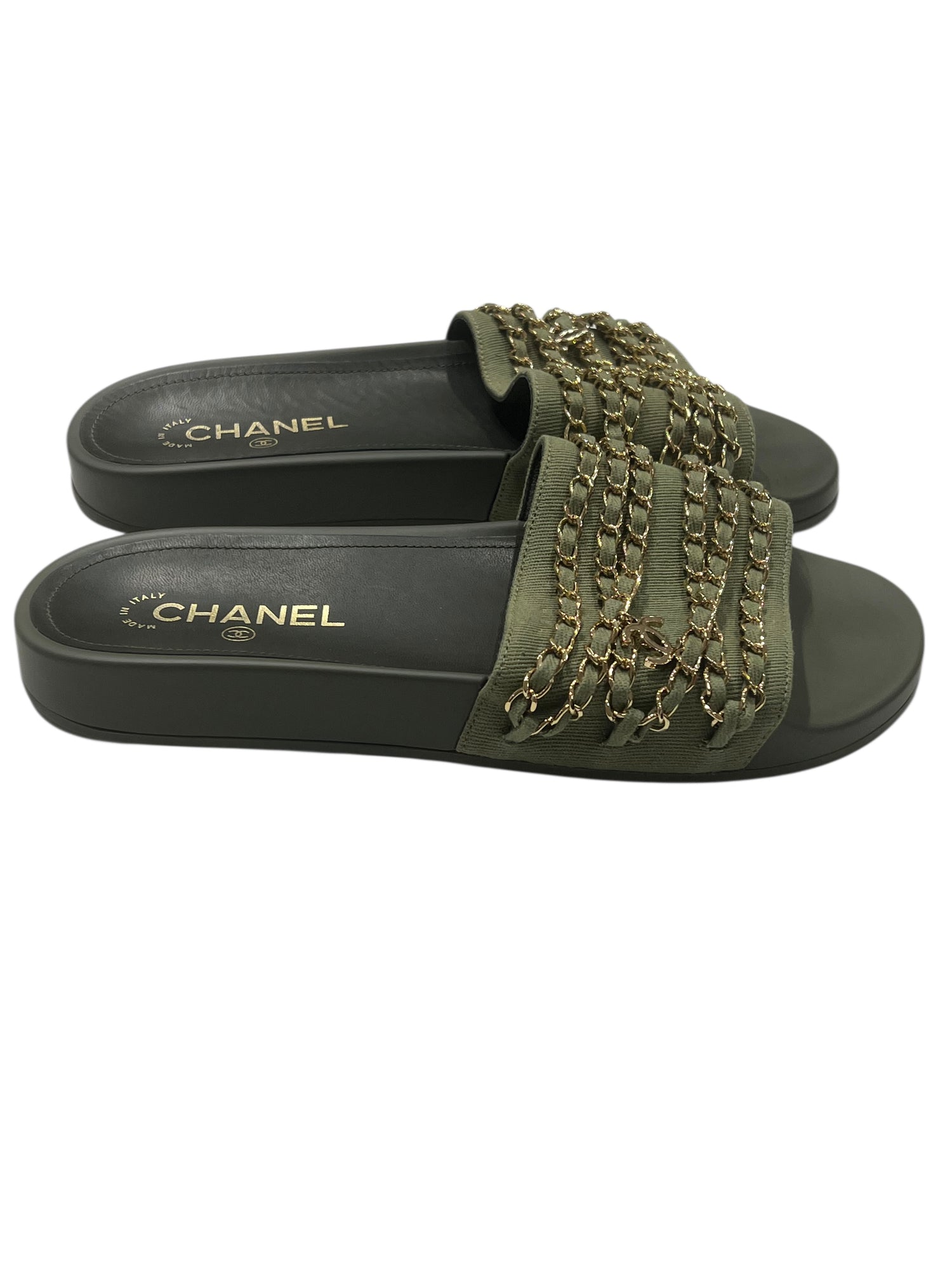 Chanel - mules toile et chaînes dorées T40