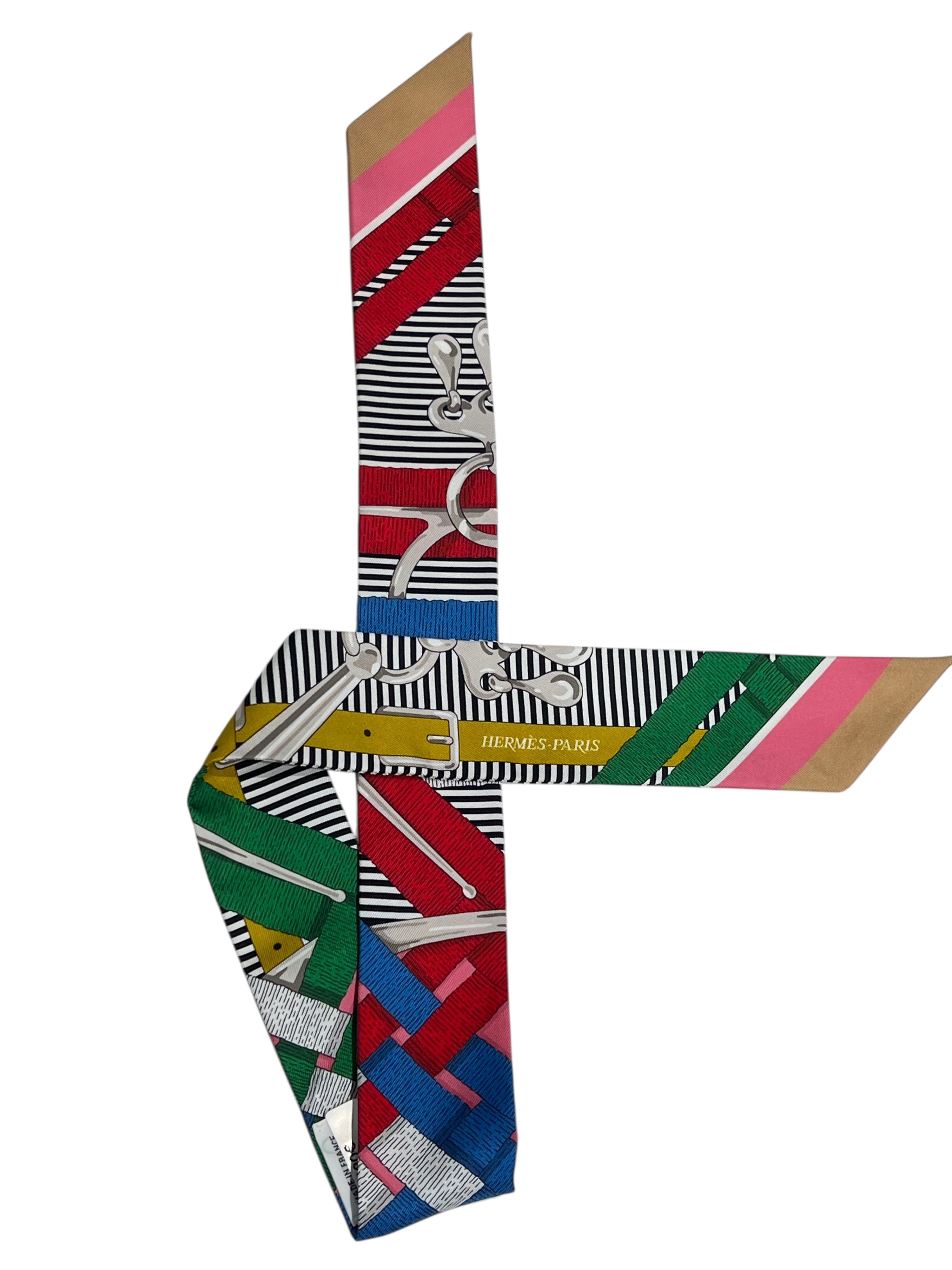 Hermès - Belt-pattern green and pink Twilly