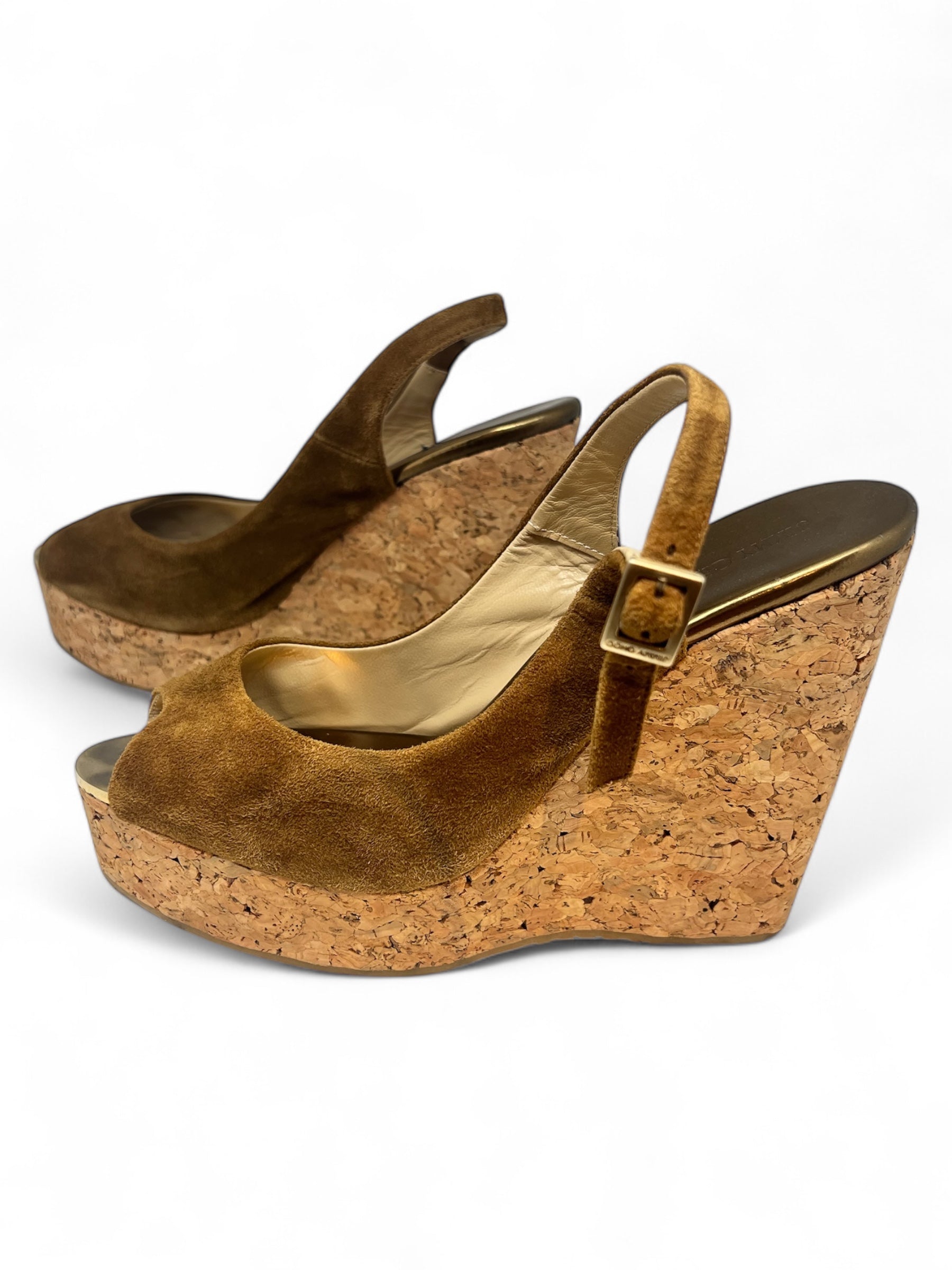 Jimmy Choo - Keilabsätze aus Wildleder in Kamelbraun, Größe 39,5