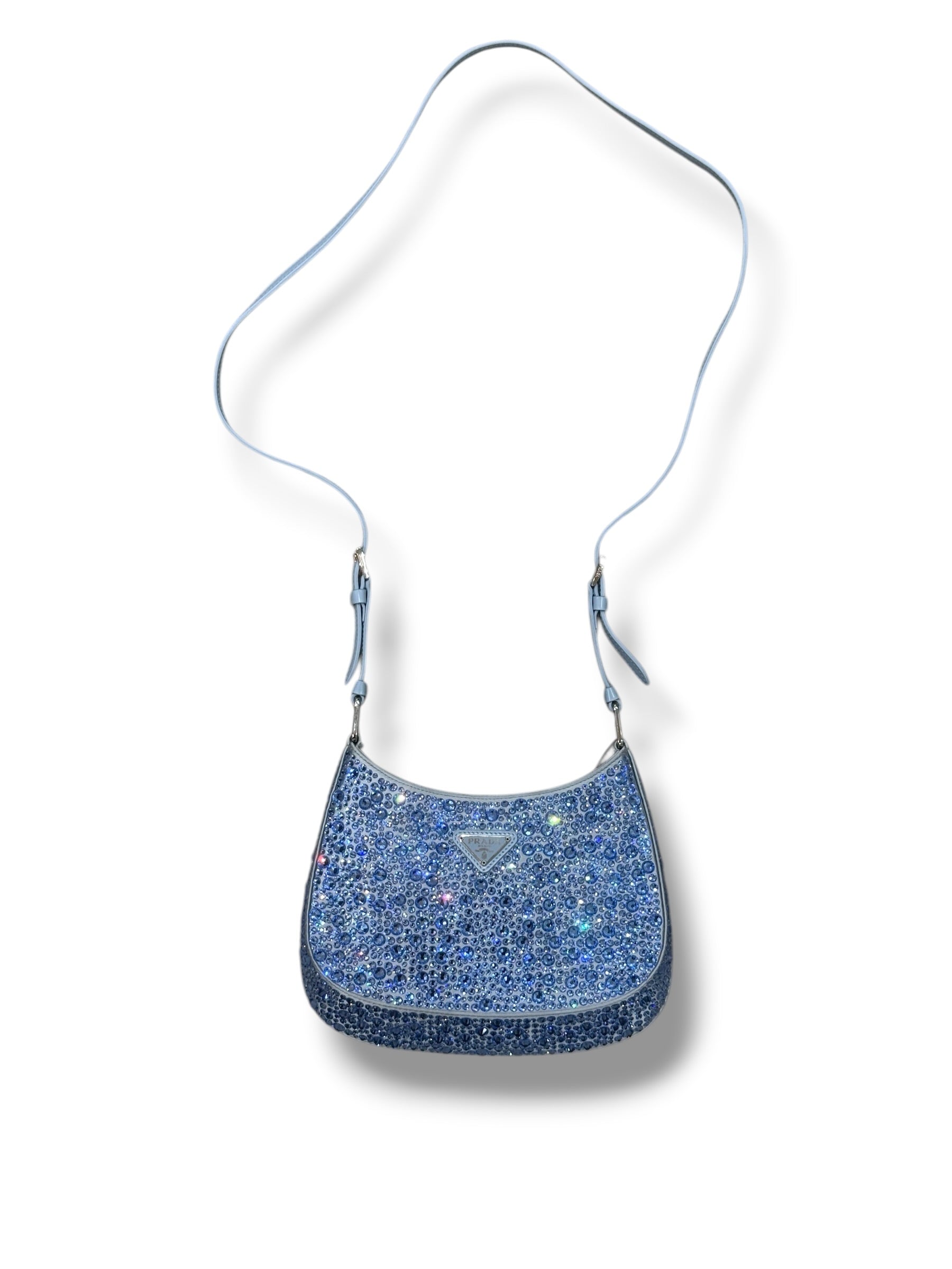 Prada - borsa Cleo in raso con cristalli blu