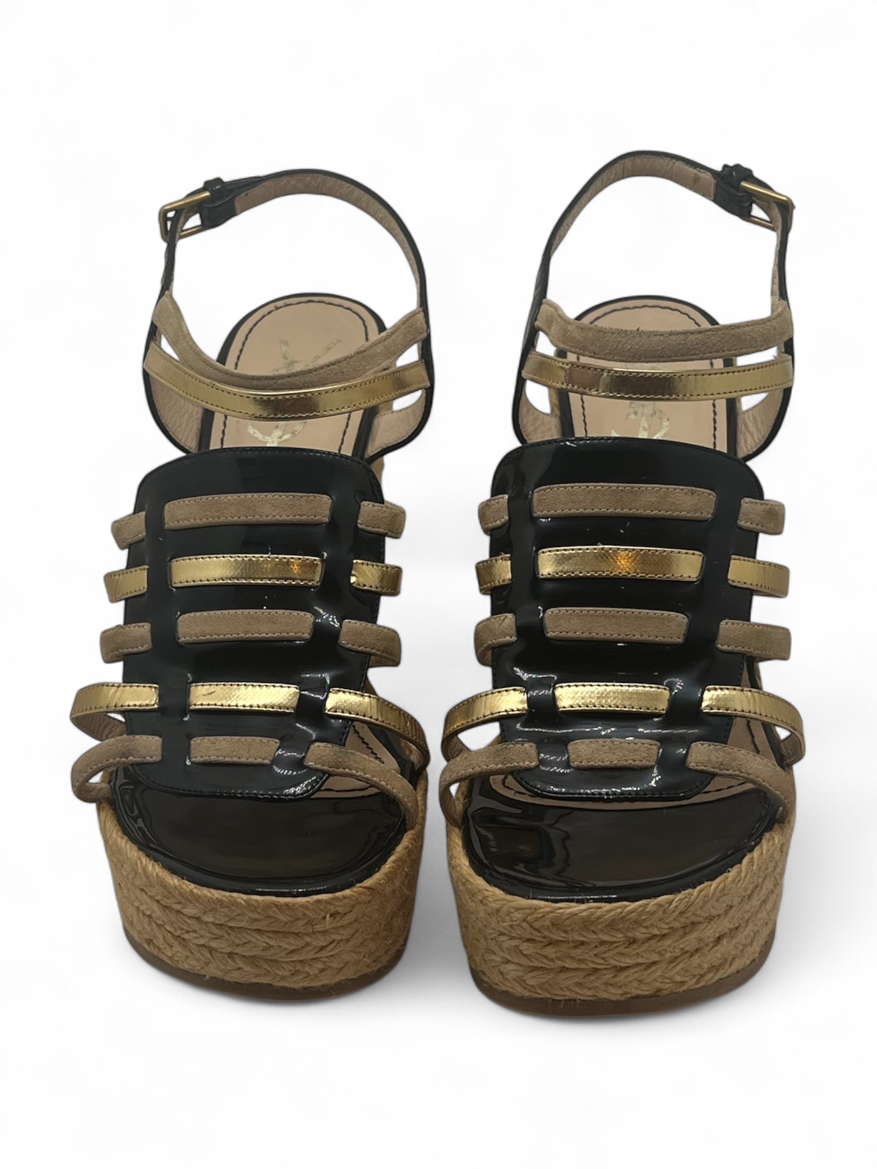 Yves Saint Laurent - Pumps, schwarze und goldene Keilabsatzpumps