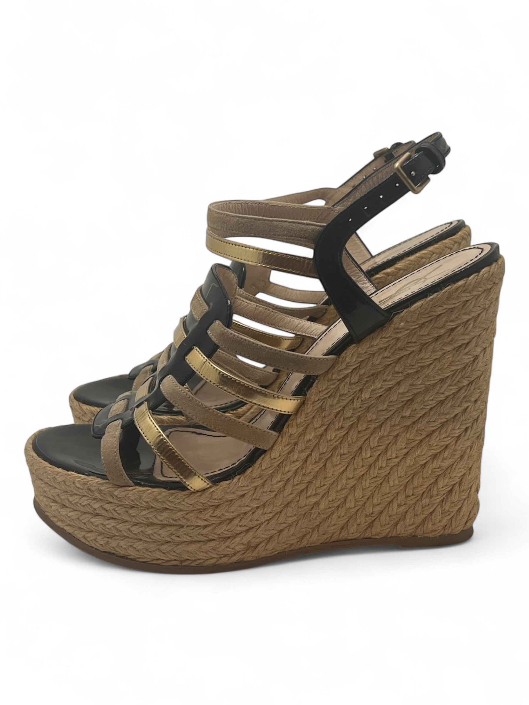 Yves Saint Laurent - Pumps, schwarze und goldene Keilabsatzpumps