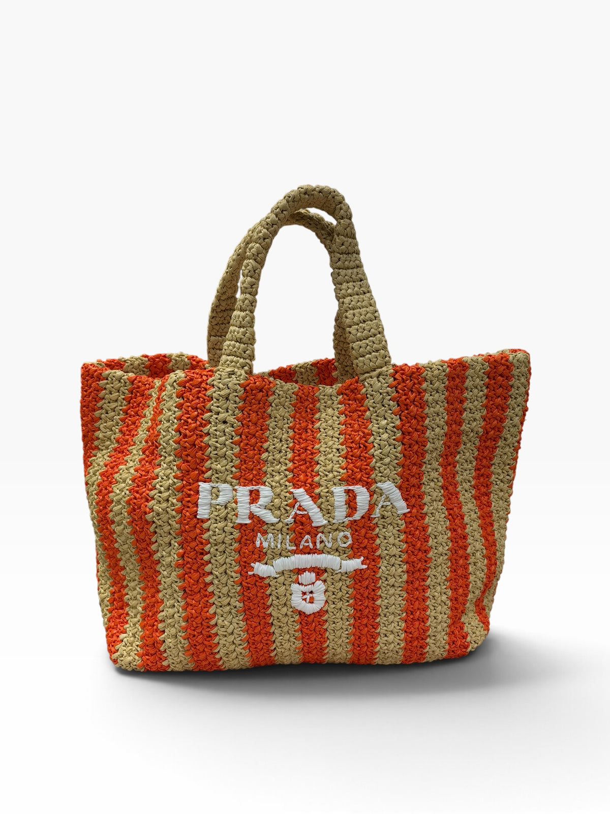 Prada - Sac de plage GM en raffia beige et orange