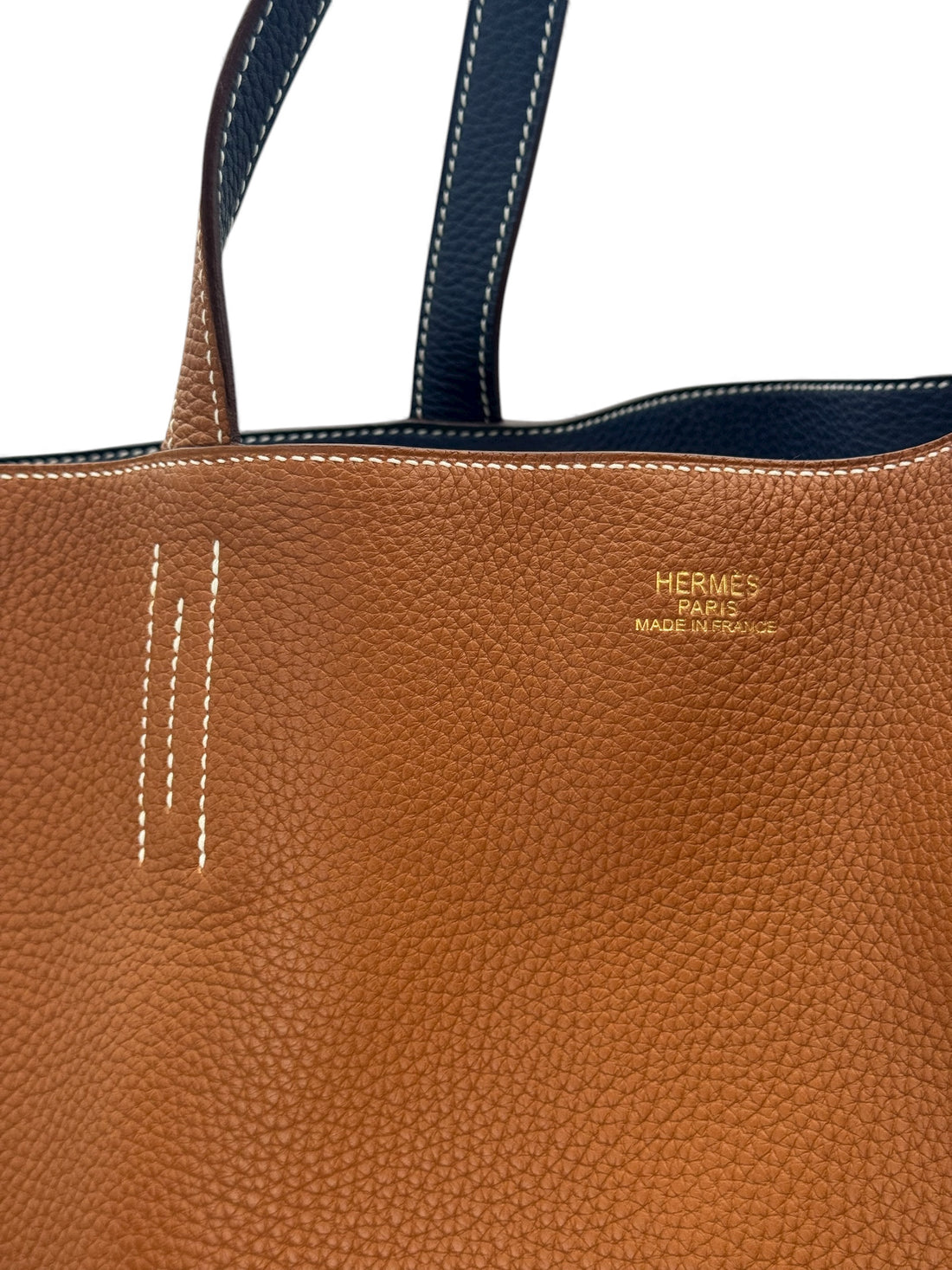 Hermès - Sac cabas Double Sens Taurillon Clémence Gold / Bleu