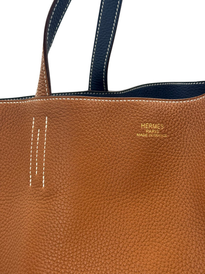 Hermès - Sac cabas Double Sens Taurillon Clémence Gold / Bleu