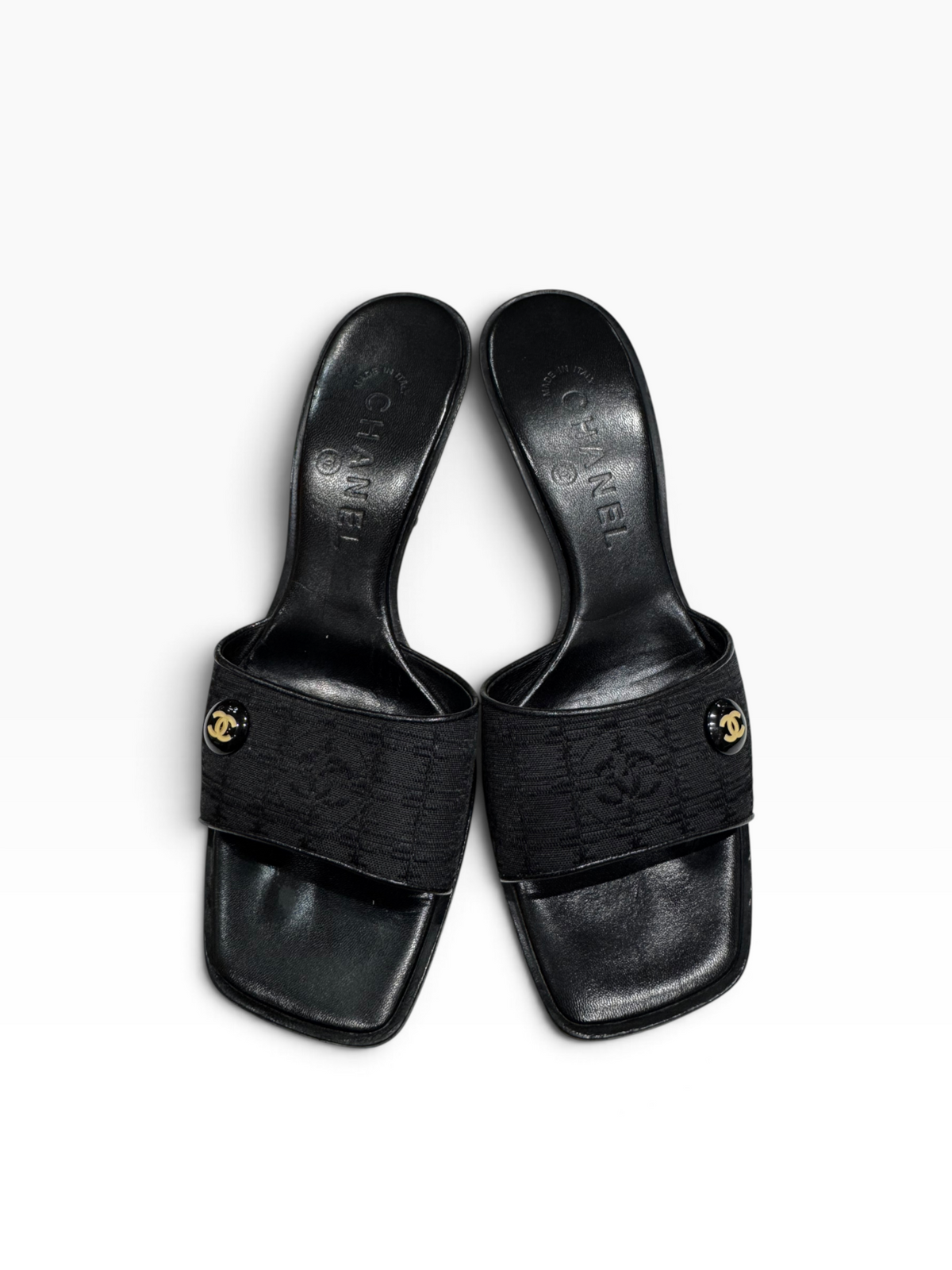 Chanel - Mules à talon en cuir noir et toile