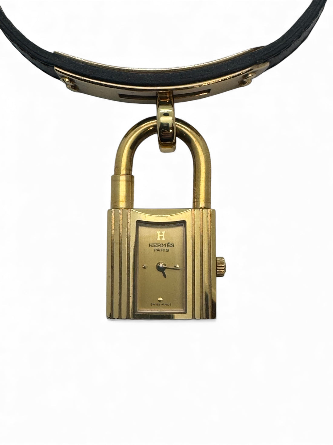 Hermès - Montre Kelly plaqué or et cuir noir