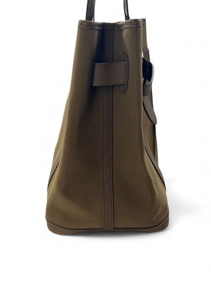 Hermès - Sac à main en toile et cuir Clemence kaki