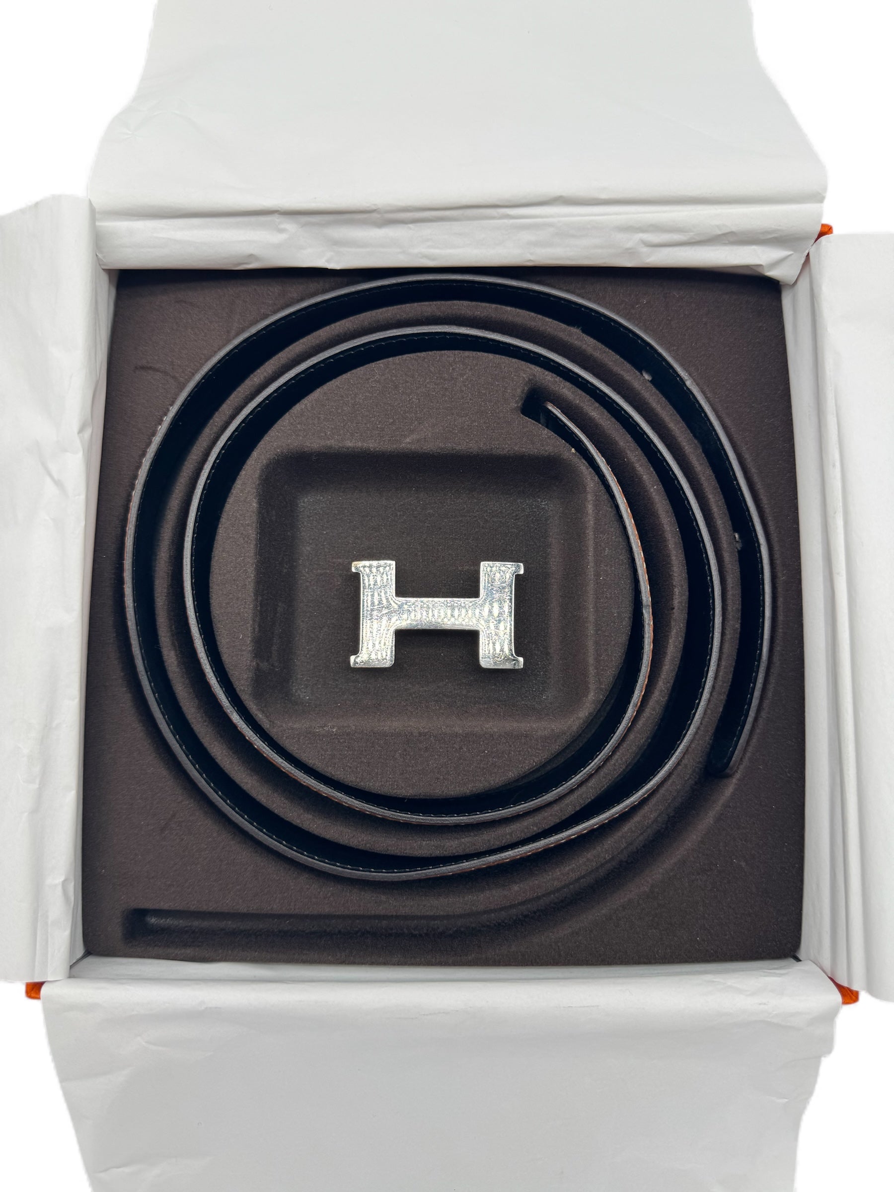 Hermès - Ceinture gold / noir boucle H palladié T85