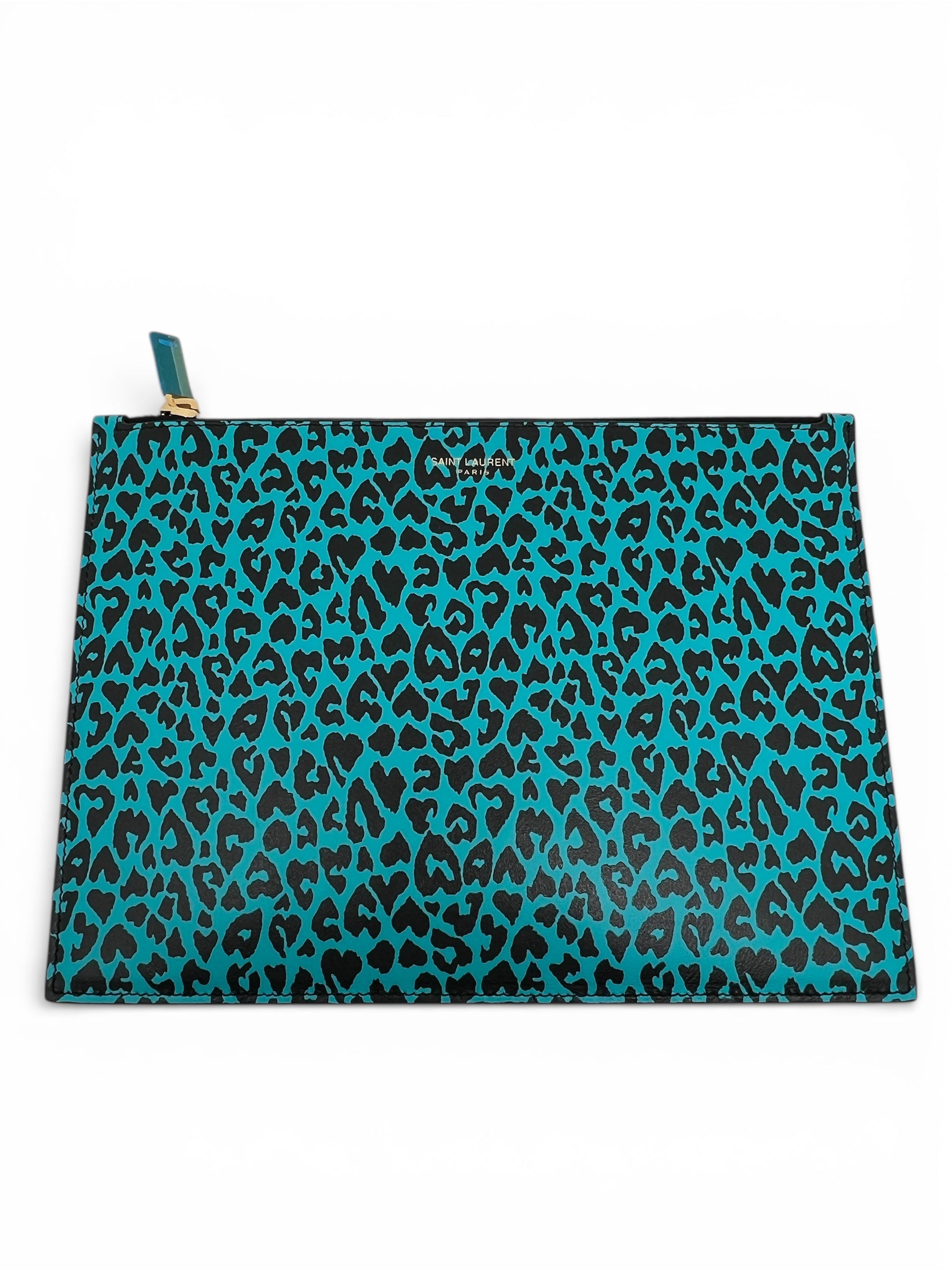 Saint Laurent - Piccola pochette Leopard in pelle turchese