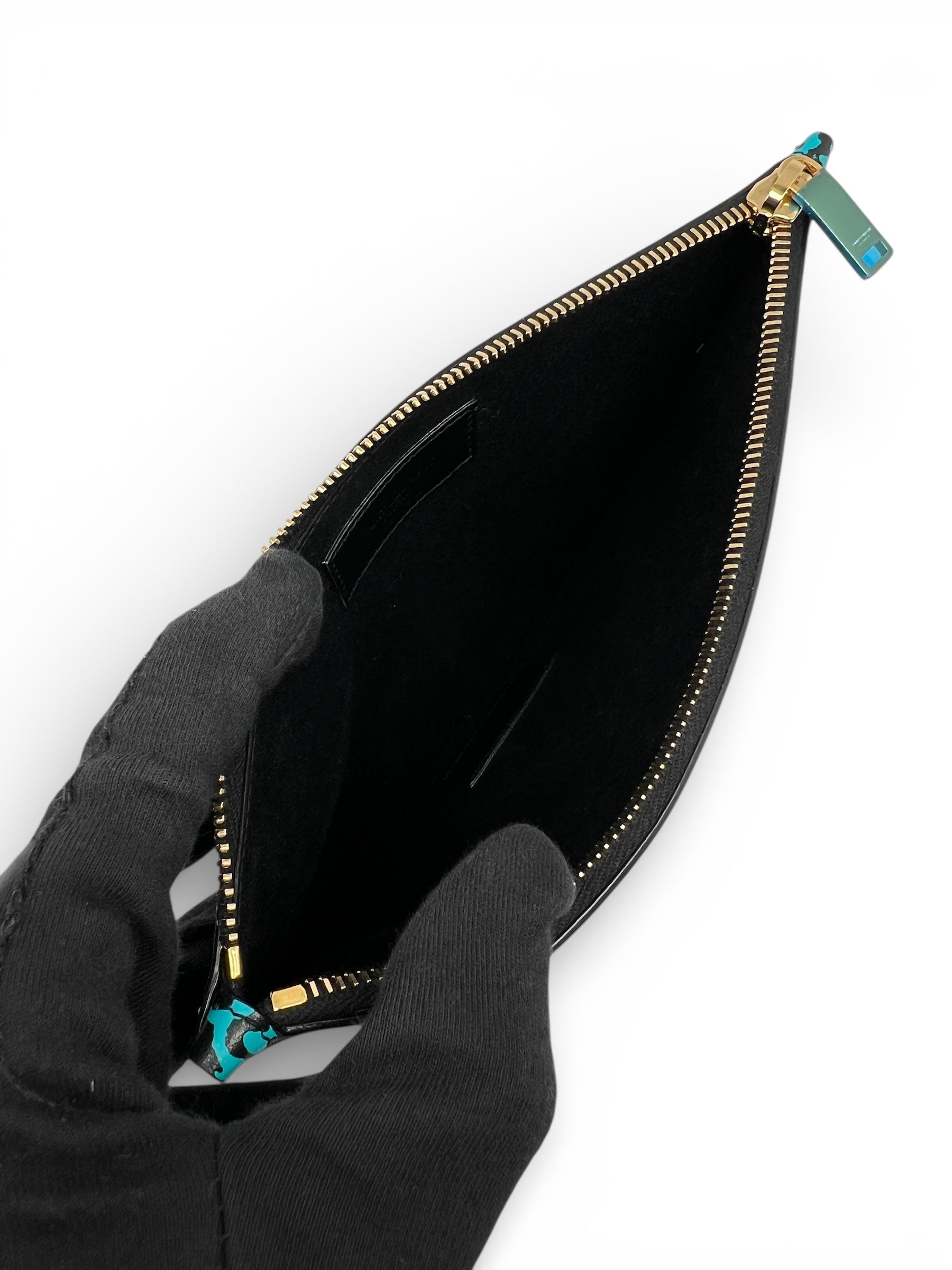 Saint Laurent - Piccola pochette Leopard in pelle turchese