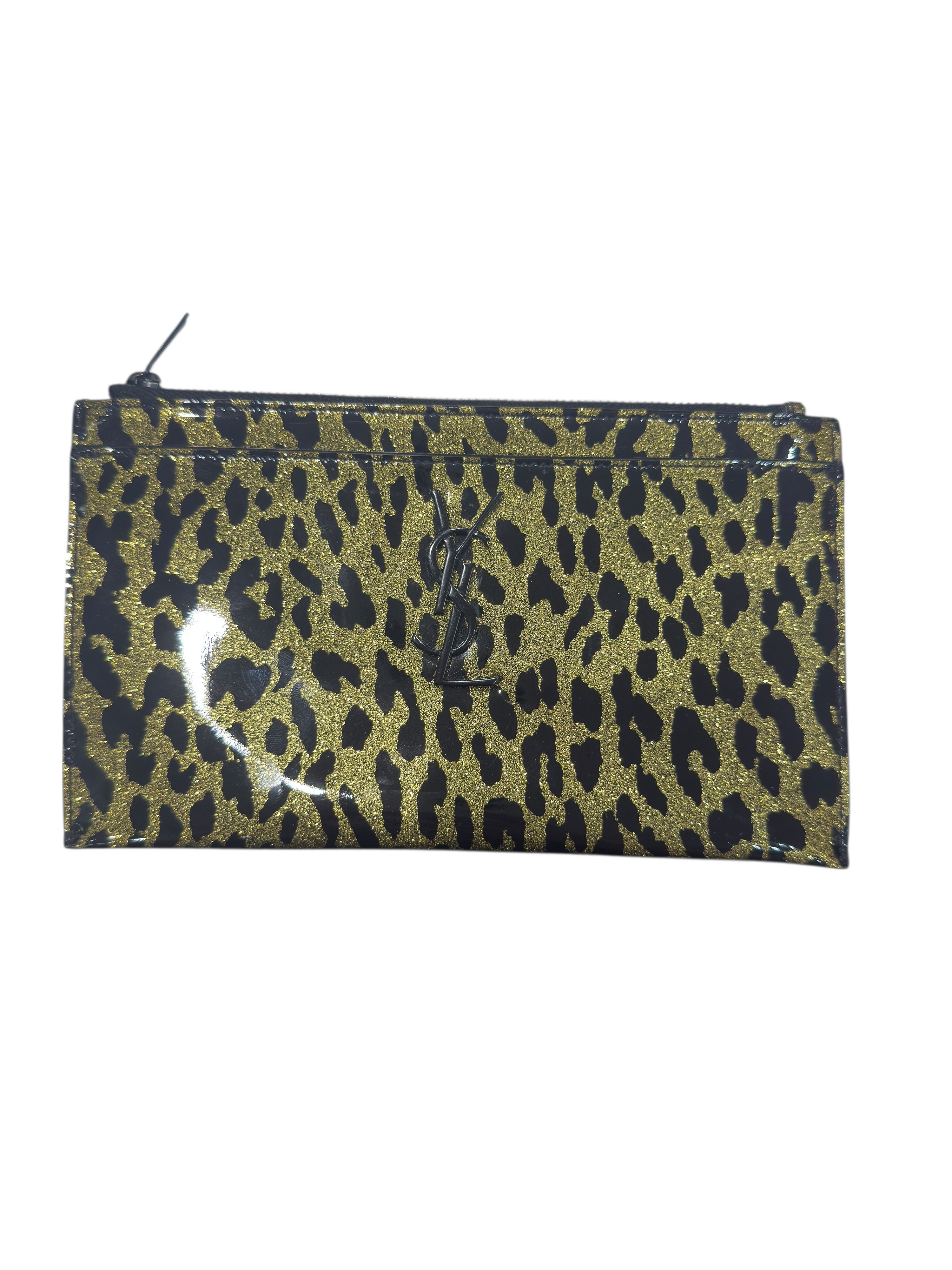 Saint Laurent - Pochette in pelle verniciata leopardata dorata con paillettes e nera