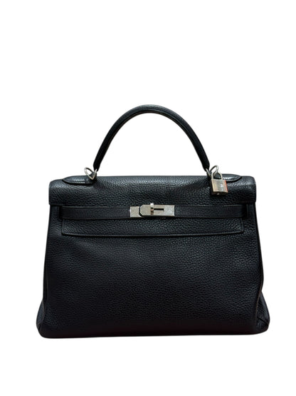 Hermès - Sac Kelly 32 clemence retourné Bleu Encre nuit PHW
