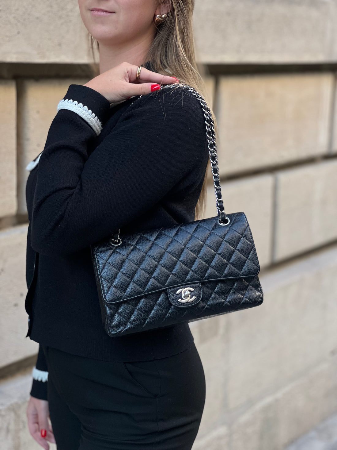Chanel - Sac Timeless 25 double flap 11.12 cuir grainé noir