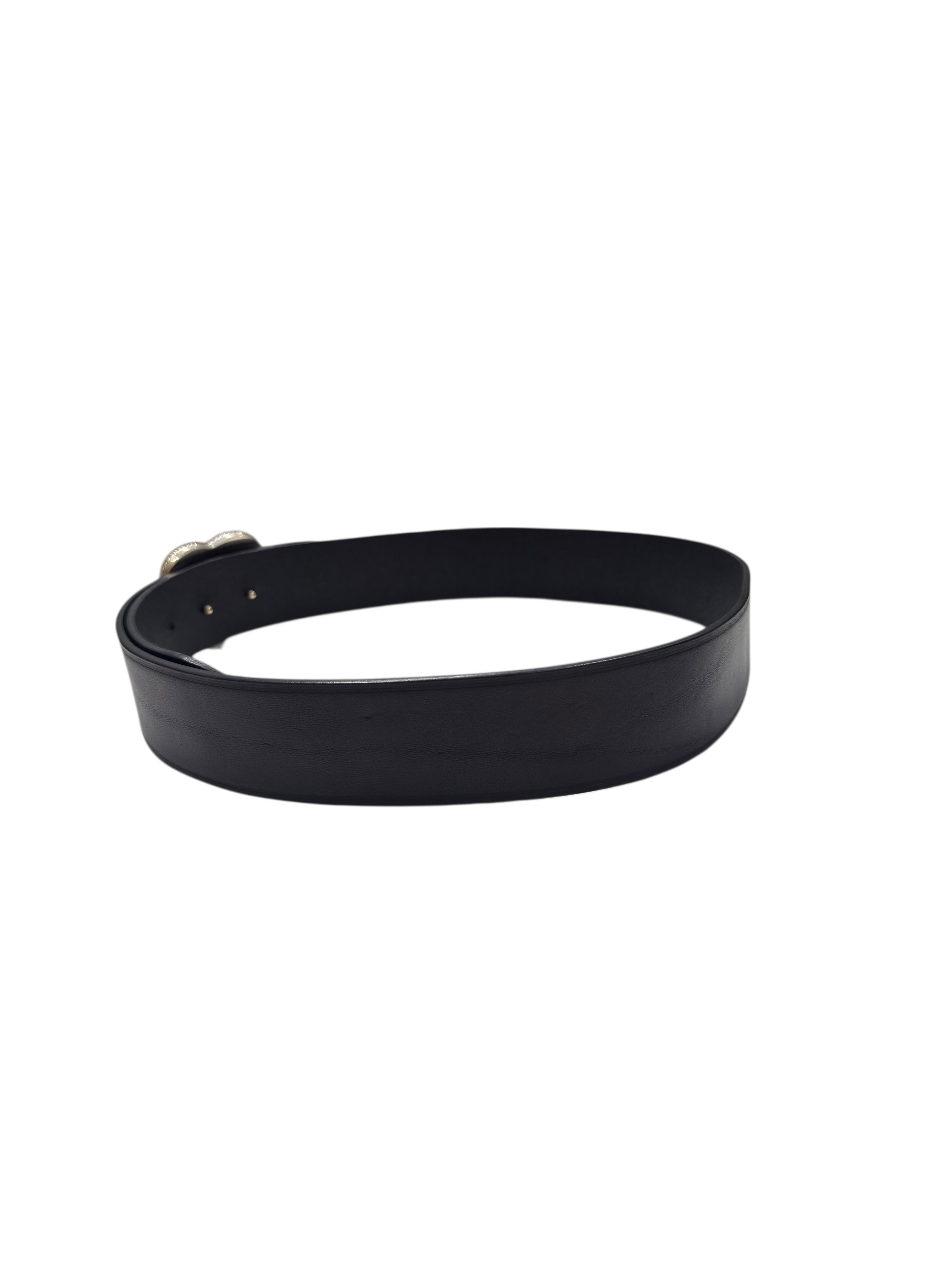 Saint Laurent - Ceinture en cuir noir et boucle cœur argenté T80
