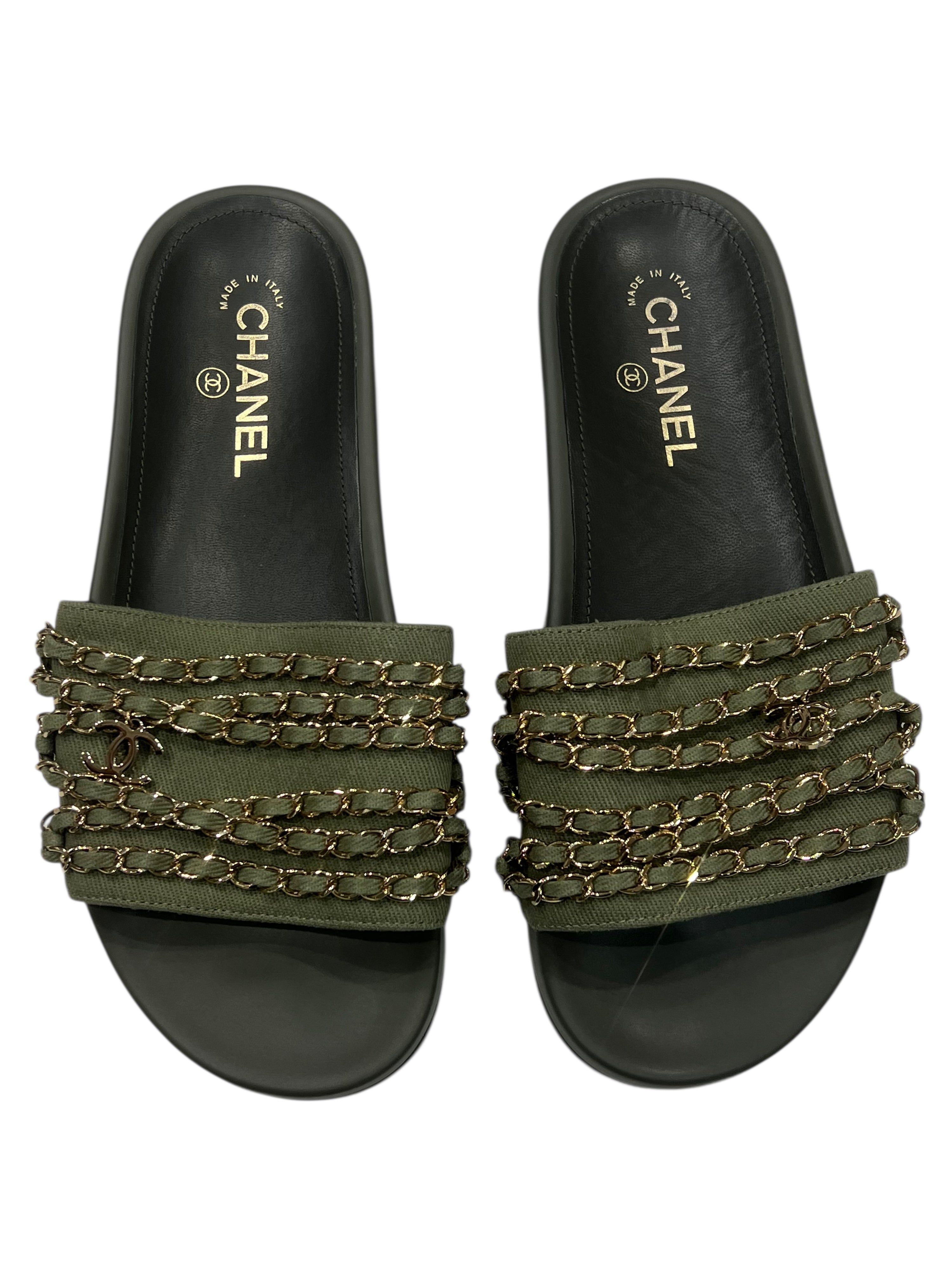 Chanel - Mule in tela e catene dorate T40