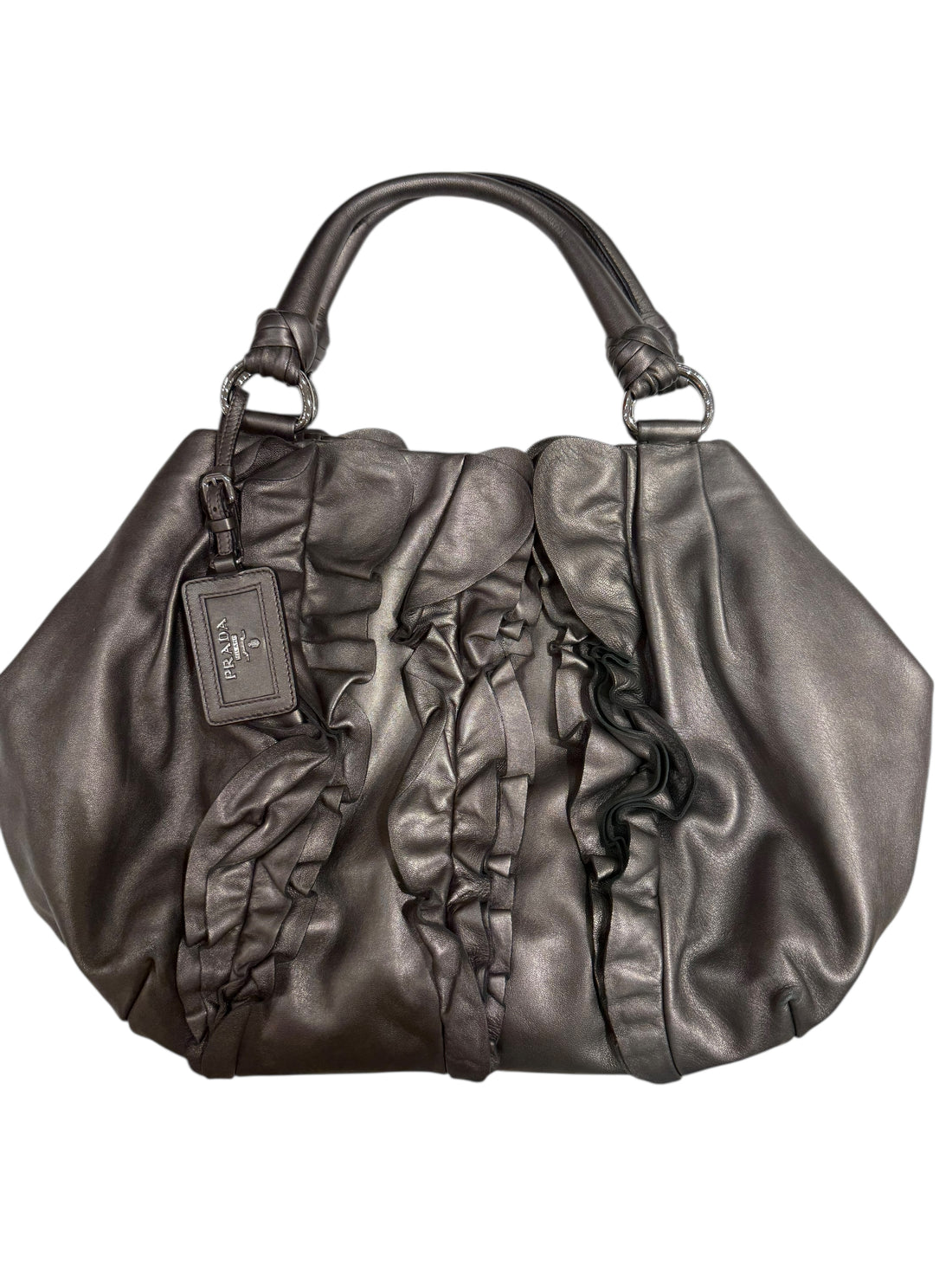 Prada – Canapa-Shopper mit Raffungen, metallgrau