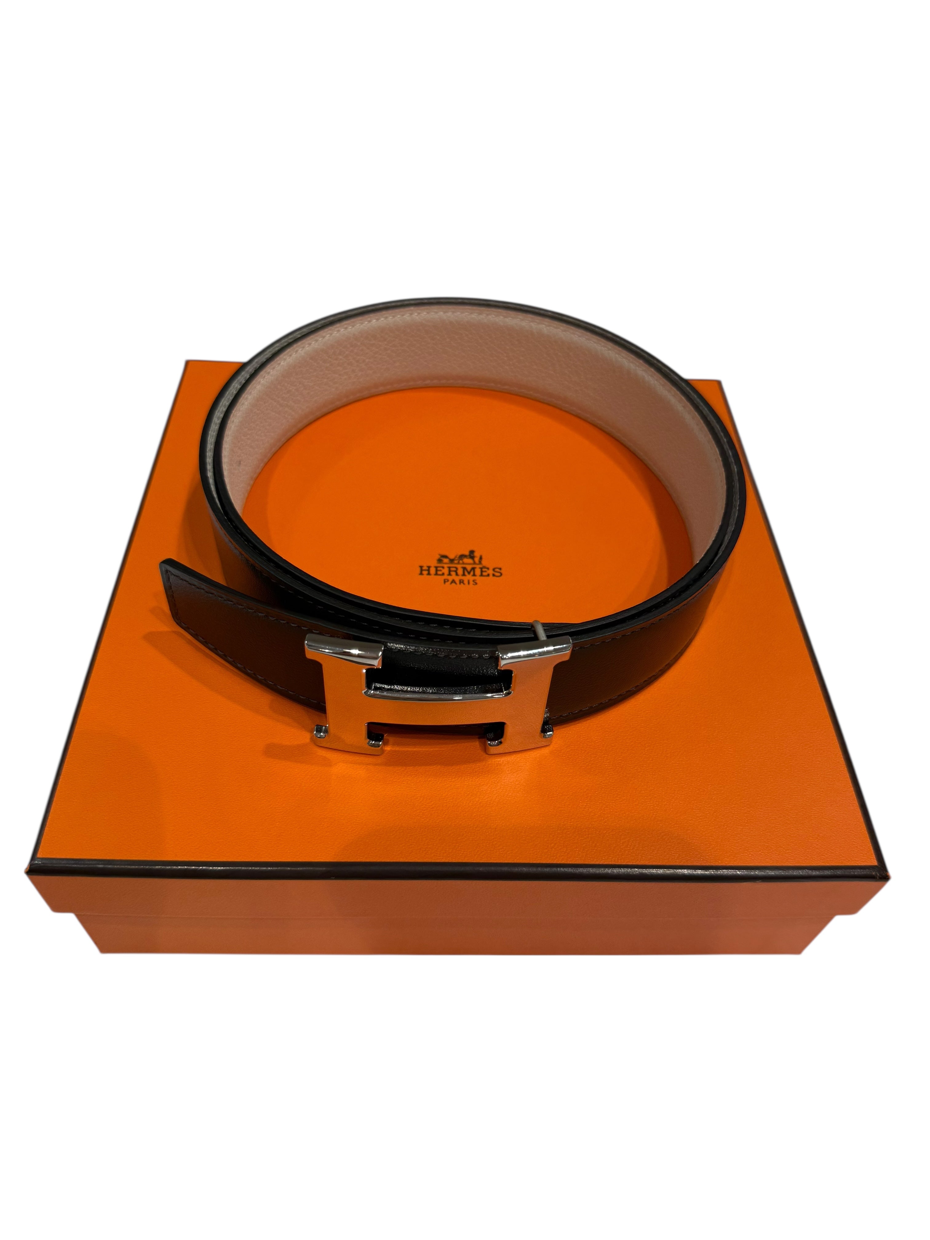 Hermès - Ceinture H finition argenté cuir réversible craie et graphite