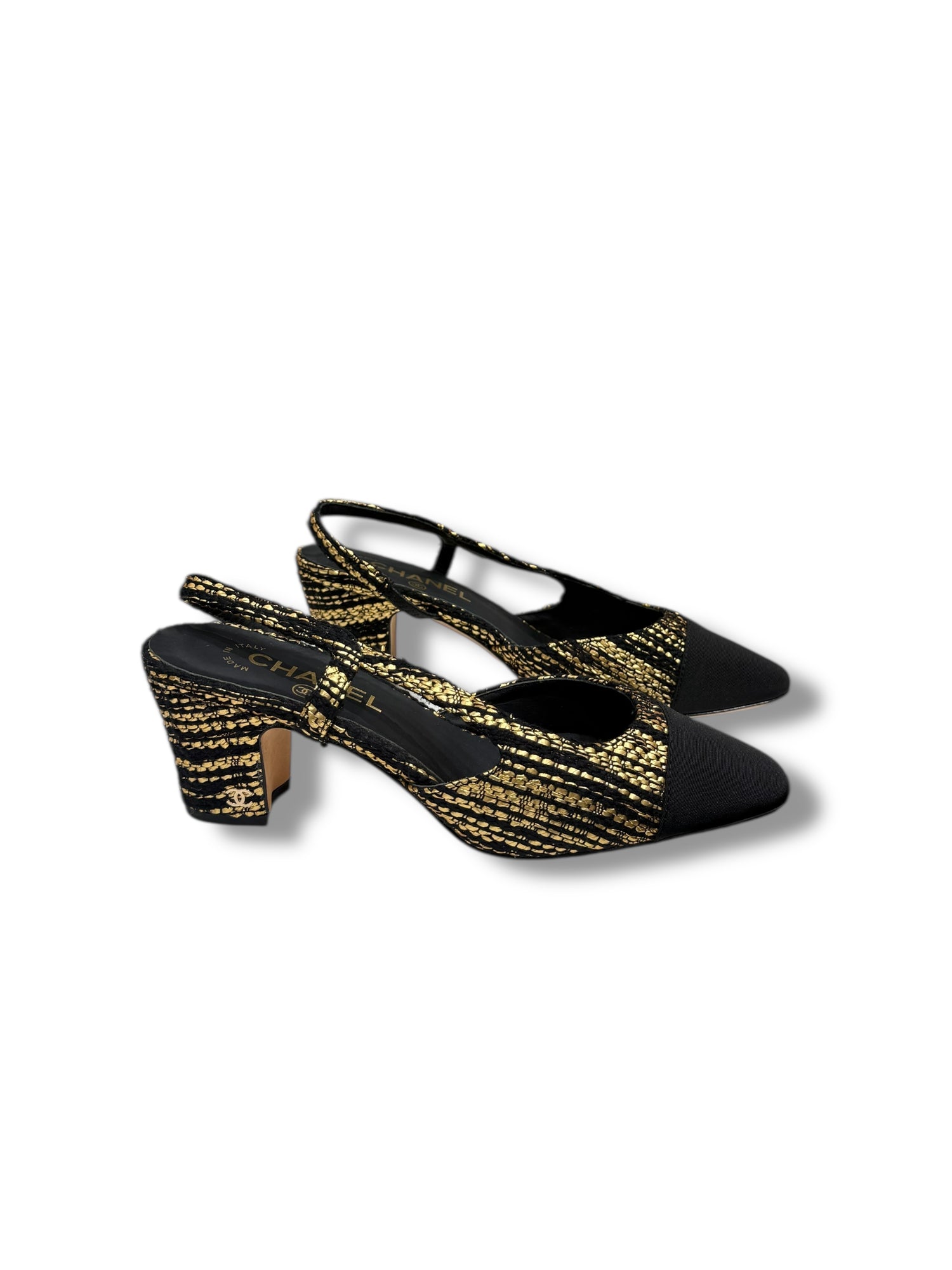 Chanel - Slingback tweed noir et or T40C édition limitée