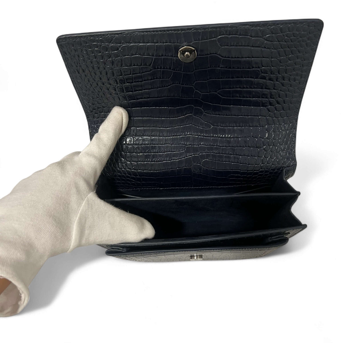 Saint Laurent - Navy Blue Embossed Crocodile Sunset Bag