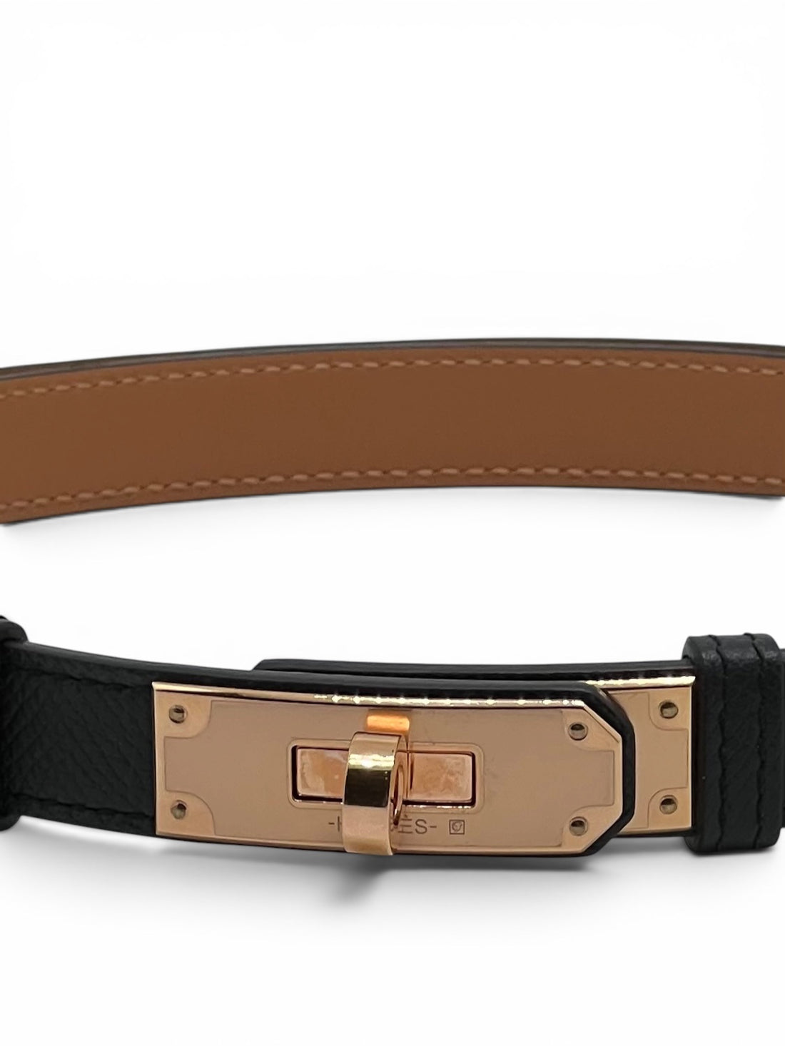 Hermès - Ceinture Kelly cuir Epsom noir plaqué Rose Gold