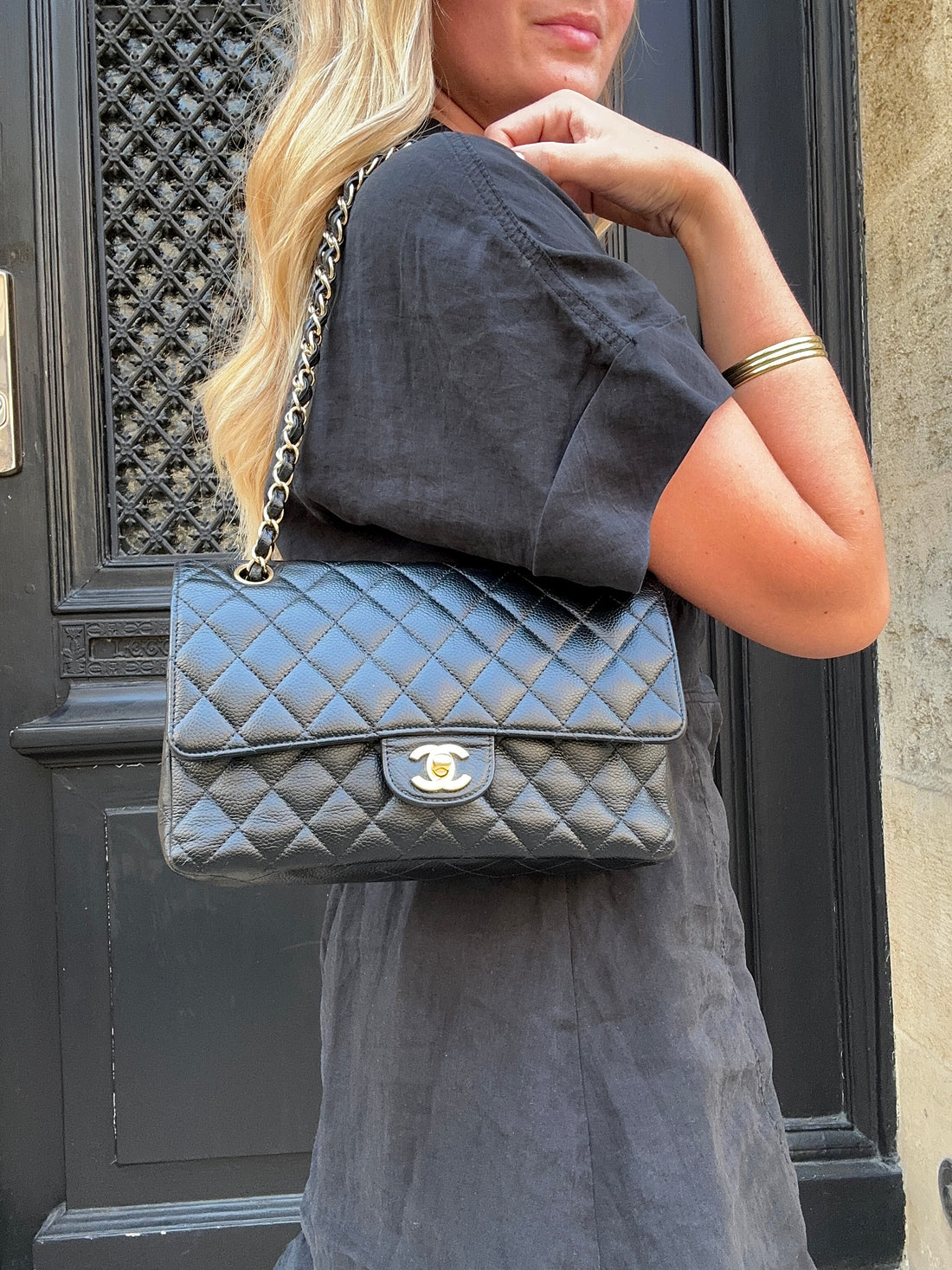 Chanel – Timeless 25 Tasche, 11.12 Double Flap, schwarz, Caviar-Leder