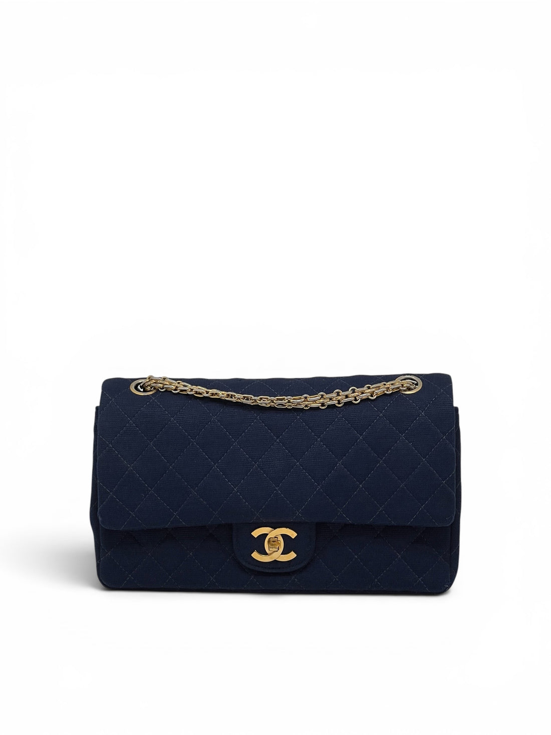 Chanel – Timeless-Tasche 25 11.12 aus blauem Jersey mit Reiskornkette
