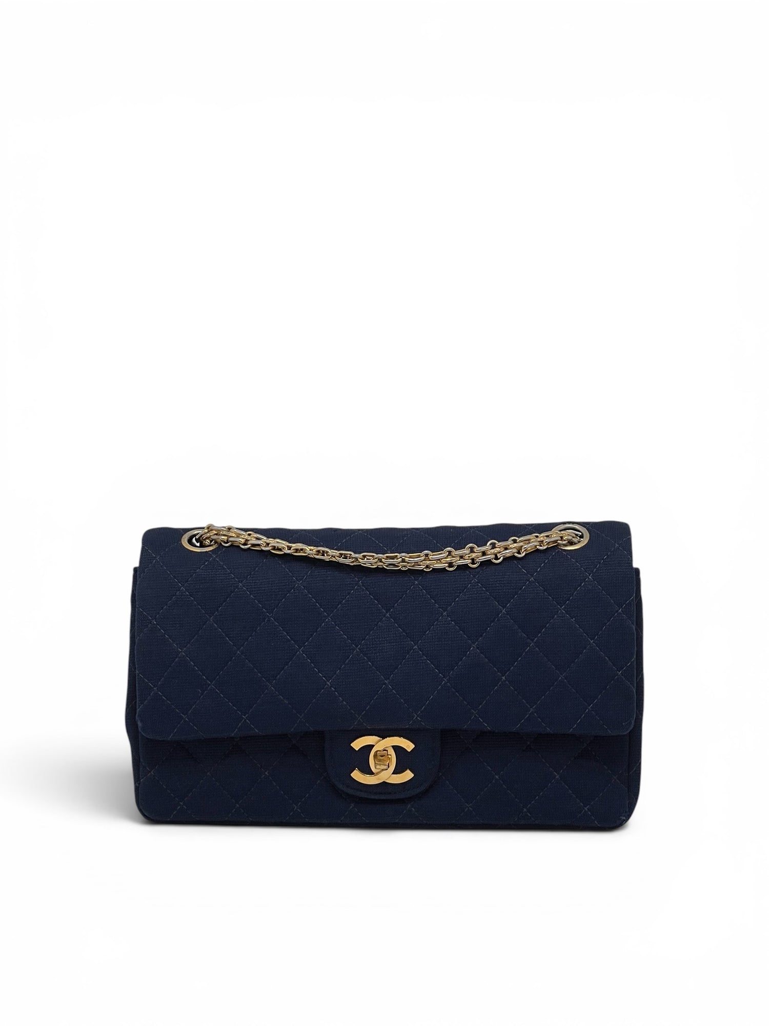 Chanel - Sac Timeless 25 11.12 en jersey bleu chaine grain de ri