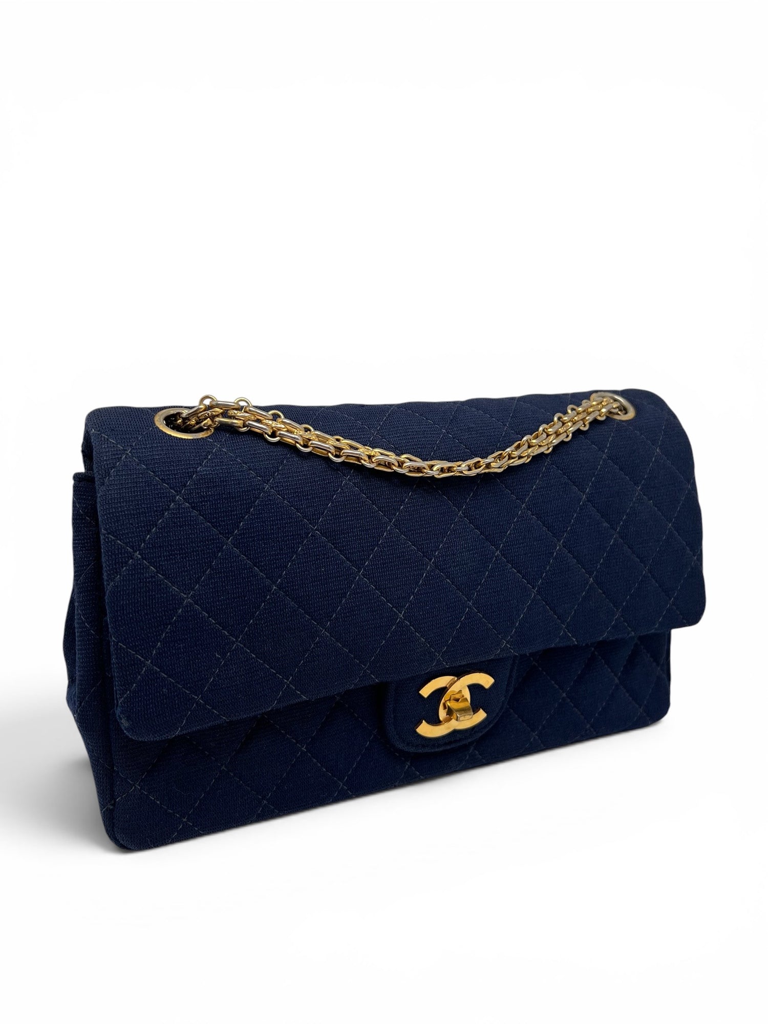 Chanel - Sac Timeless 25 11.12 en jersey bleu chaine grain de ri