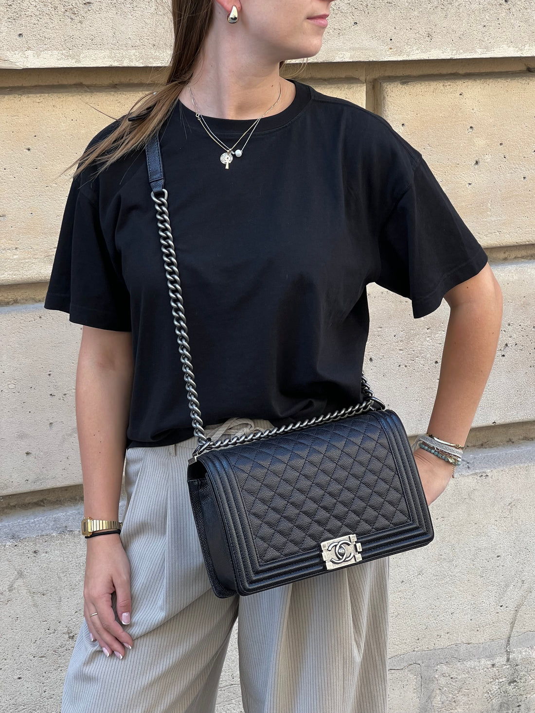 Chanel – Boy-Tasche aus schwarzem Kaviarleder