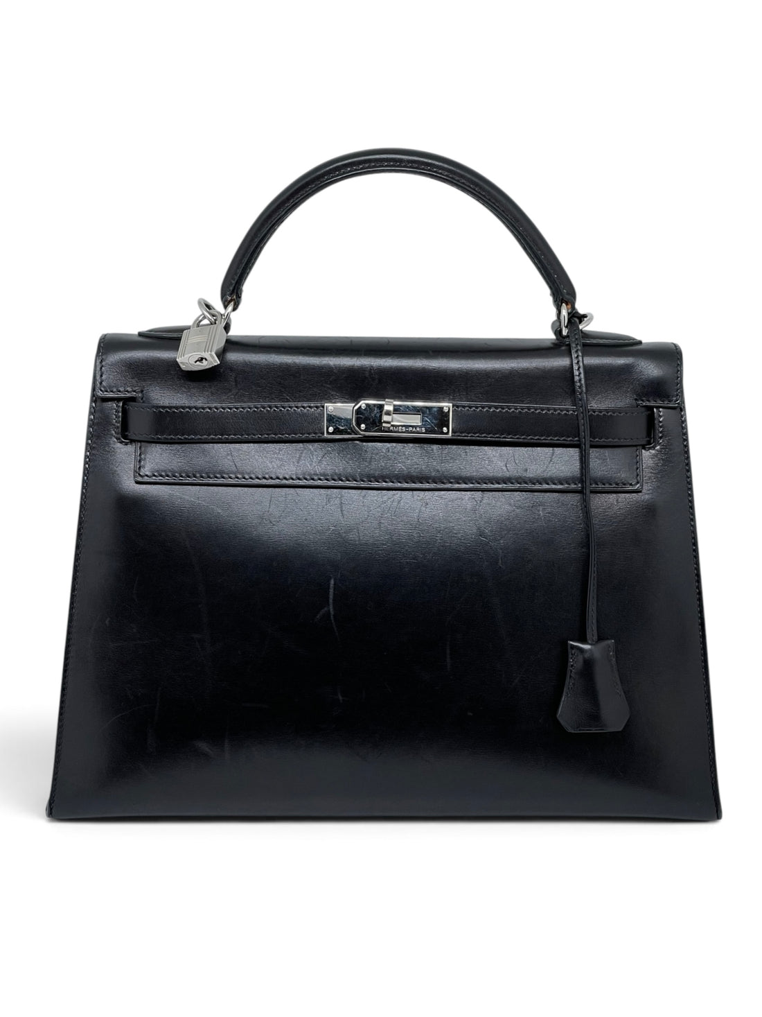 Hermès – Kelly 32 aus Boxleder mit silberfarbenem Finish